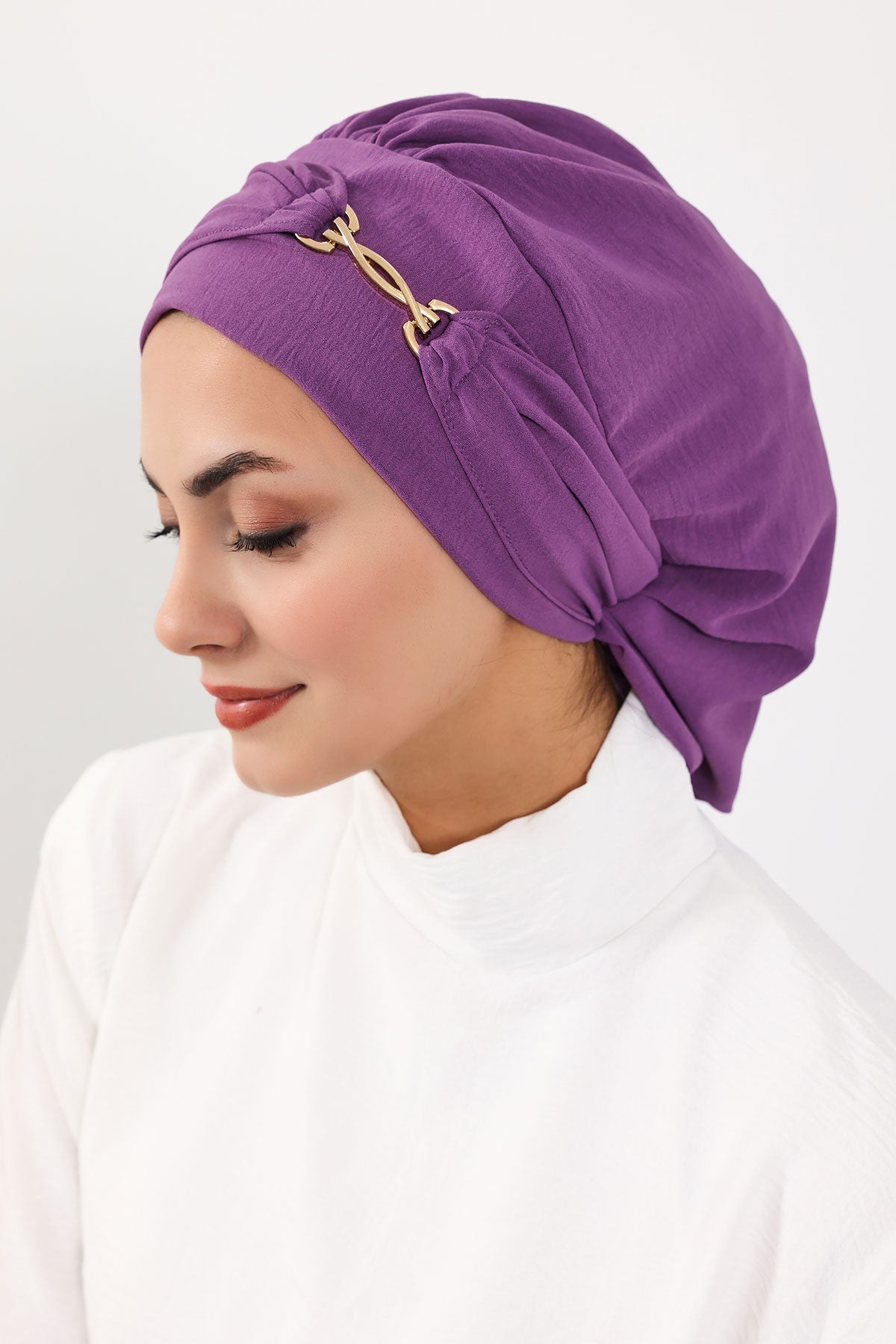 Instant Aerobin Turban with Gold Chain Detail, Pre-Tied Cotton Blend Hijab Cap, Elegant Modest Headwrap for Women,HT-93 Purple 2