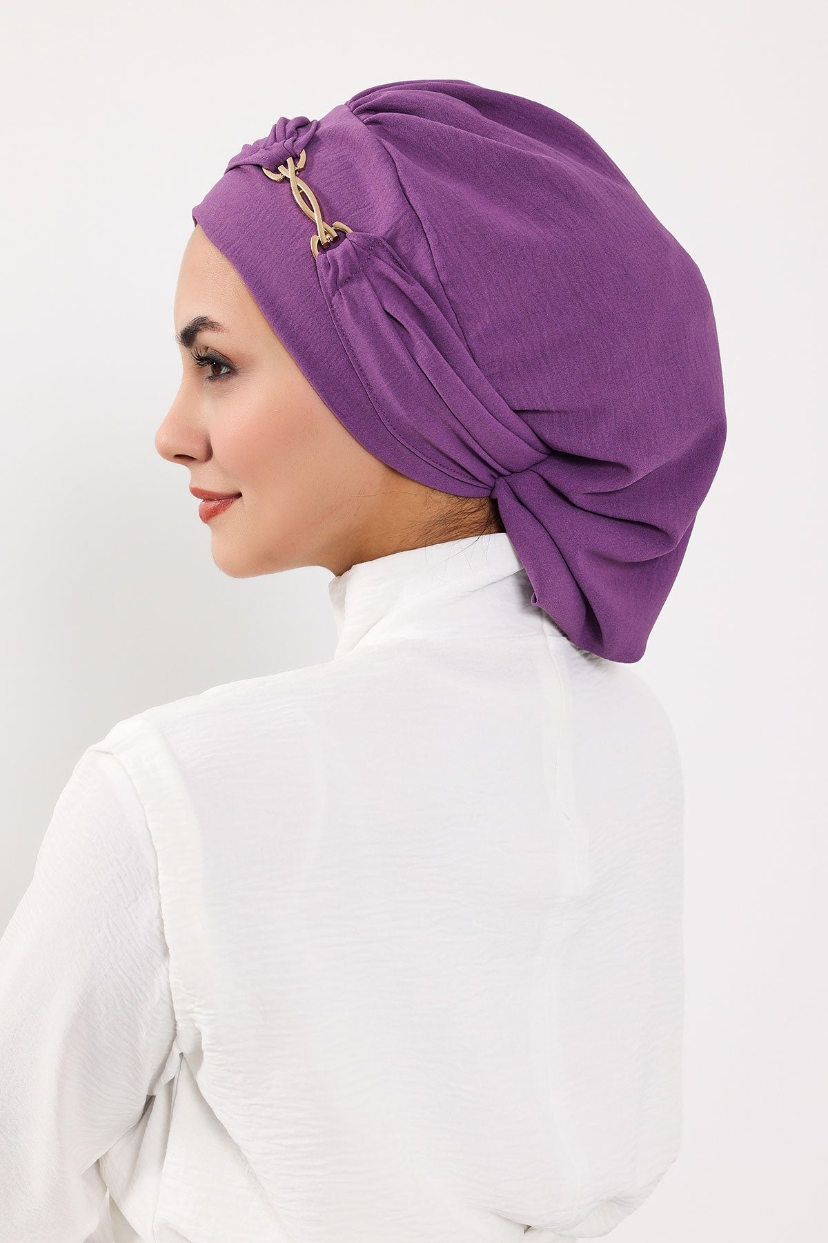 Instant Aerobin Turban with Gold Chain Detail, Pre-Tied Cotton Blend Hijab Cap, Elegant Modest Headwrap for Women,HT-93 Purple 2