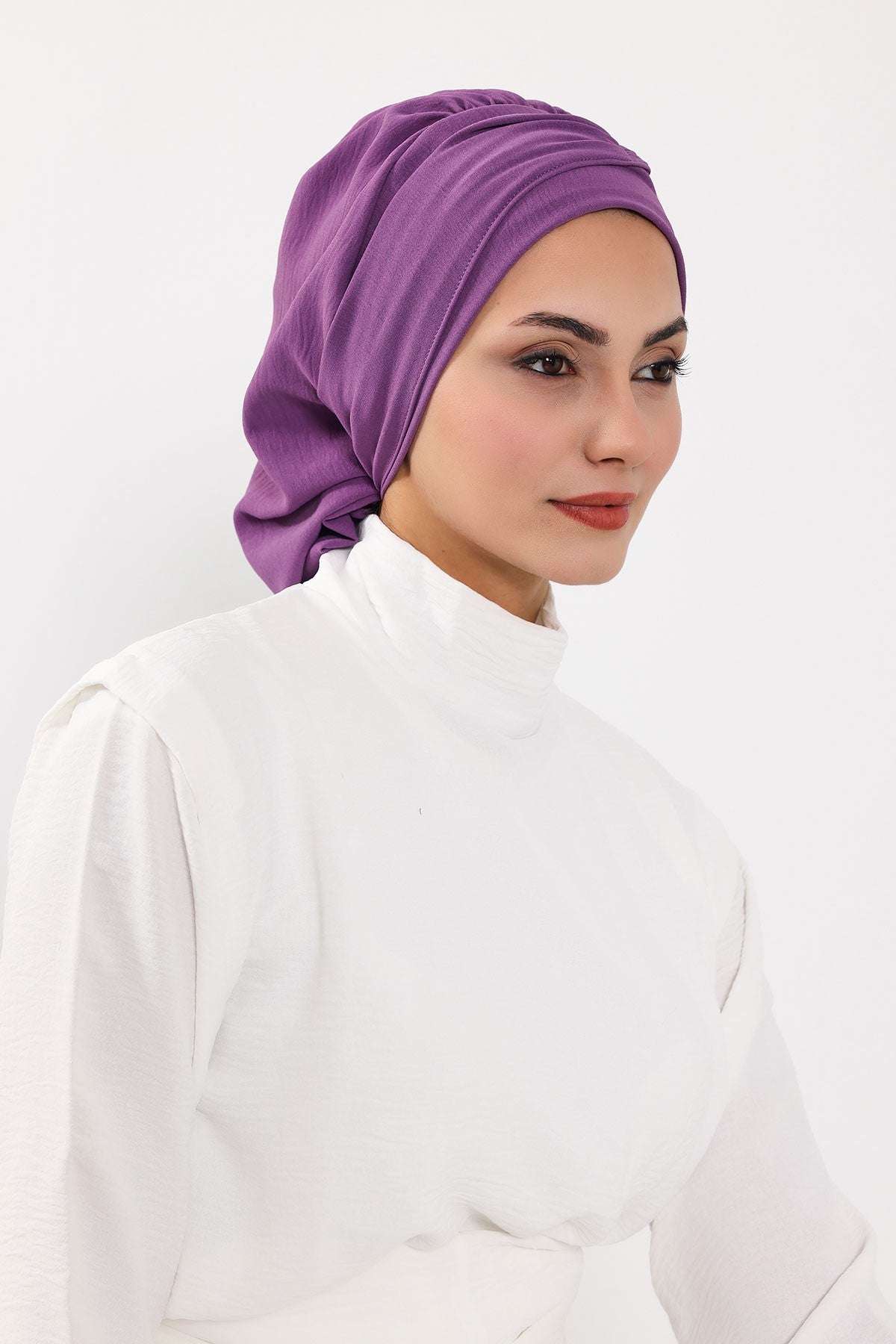 Instant Aerobin Turban with Gold Chain Detail, Pre-Tied Cotton Blend Hijab Cap, Elegant Modest Headwrap for Women,HT-93 Purple 2