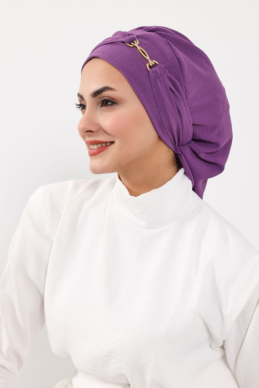 Instant Aerobin Turban with Gold Chain Detail, Pre-Tied Cotton Blend Hijab Cap, Elegant Modest Headwrap for Women,HT-93 Purple 2