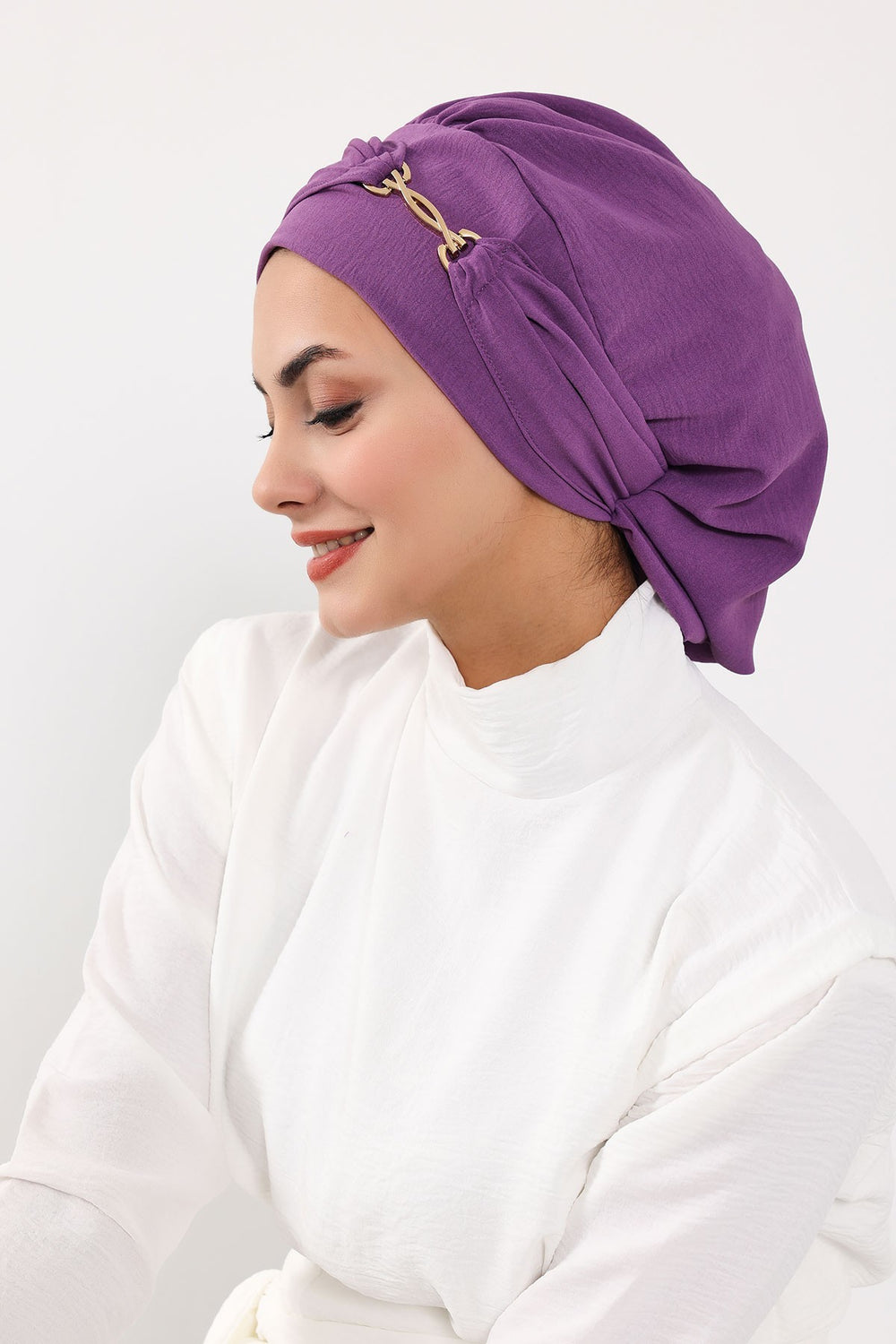 Instant Aerobin Turban with Gold Chain Detail, Pre-Tied Cotton Blend Hijab Cap, Elegant Modest Headwrap for Women,HT-93 Purple 2
