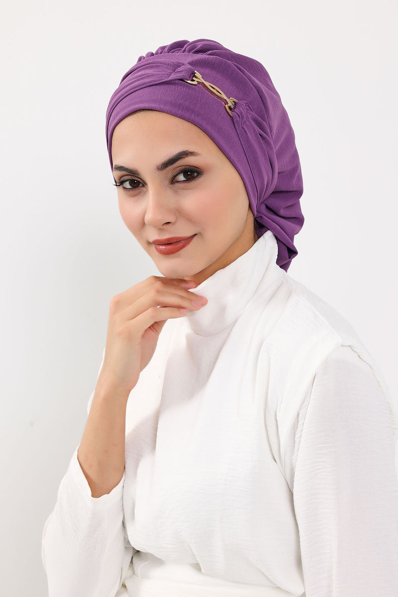 Instant Aerobin Turban with Gold Chain Detail, Pre-Tied Cotton Blend Hijab Cap, Elegant Modest Headwrap for Women,HT-93