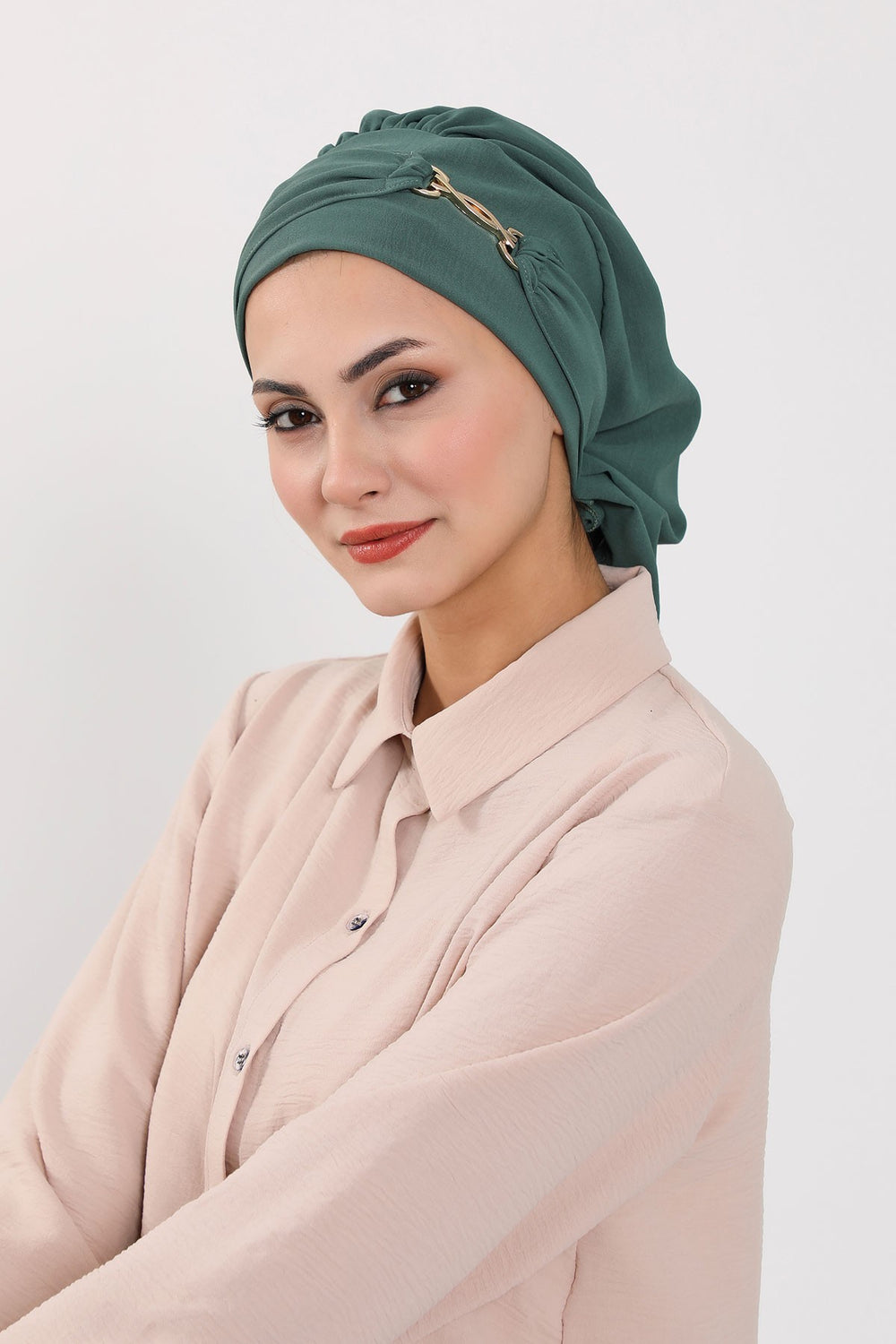 Instant Aerobin Turban with Gold Chain Detail, Pre-Tied Cotton Blend Hijab Cap, Elegant Modest Headwrap for Women,HT-93 Light Green