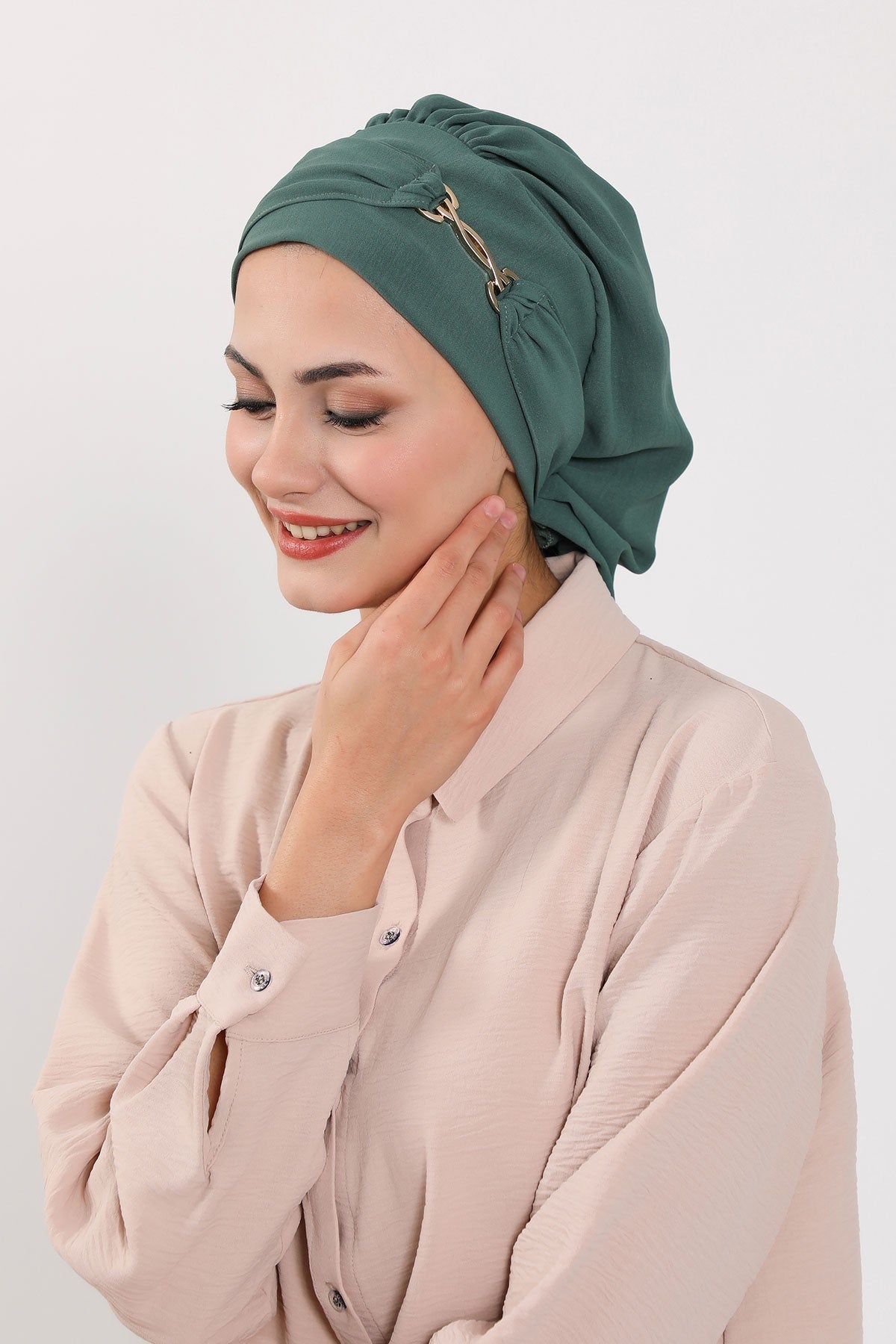 Instant Aerobin Turban with Gold Chain Detail, Pre-Tied Cotton Blend Hijab Cap, Elegant Modest Headwrap for Women,HT-93 Light Green