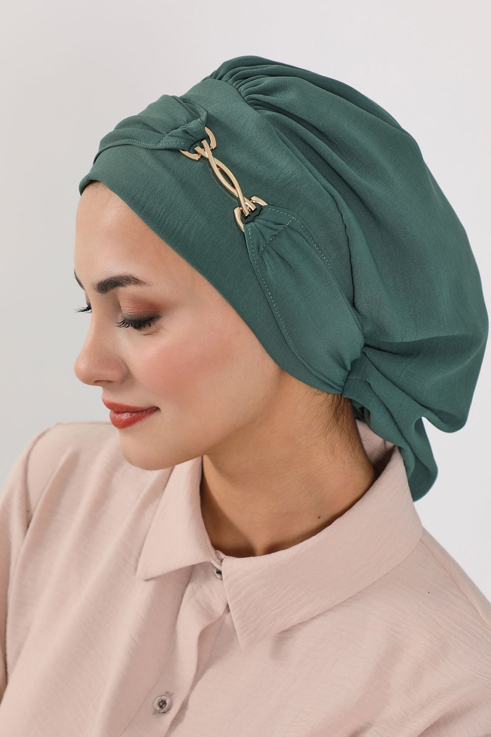 Instant Aerobin Turban with Gold Chain Detail, Pre-Tied Cotton Blend Hijab Cap, Elegant Modest Headwrap for Women,HT-93 Light Green
