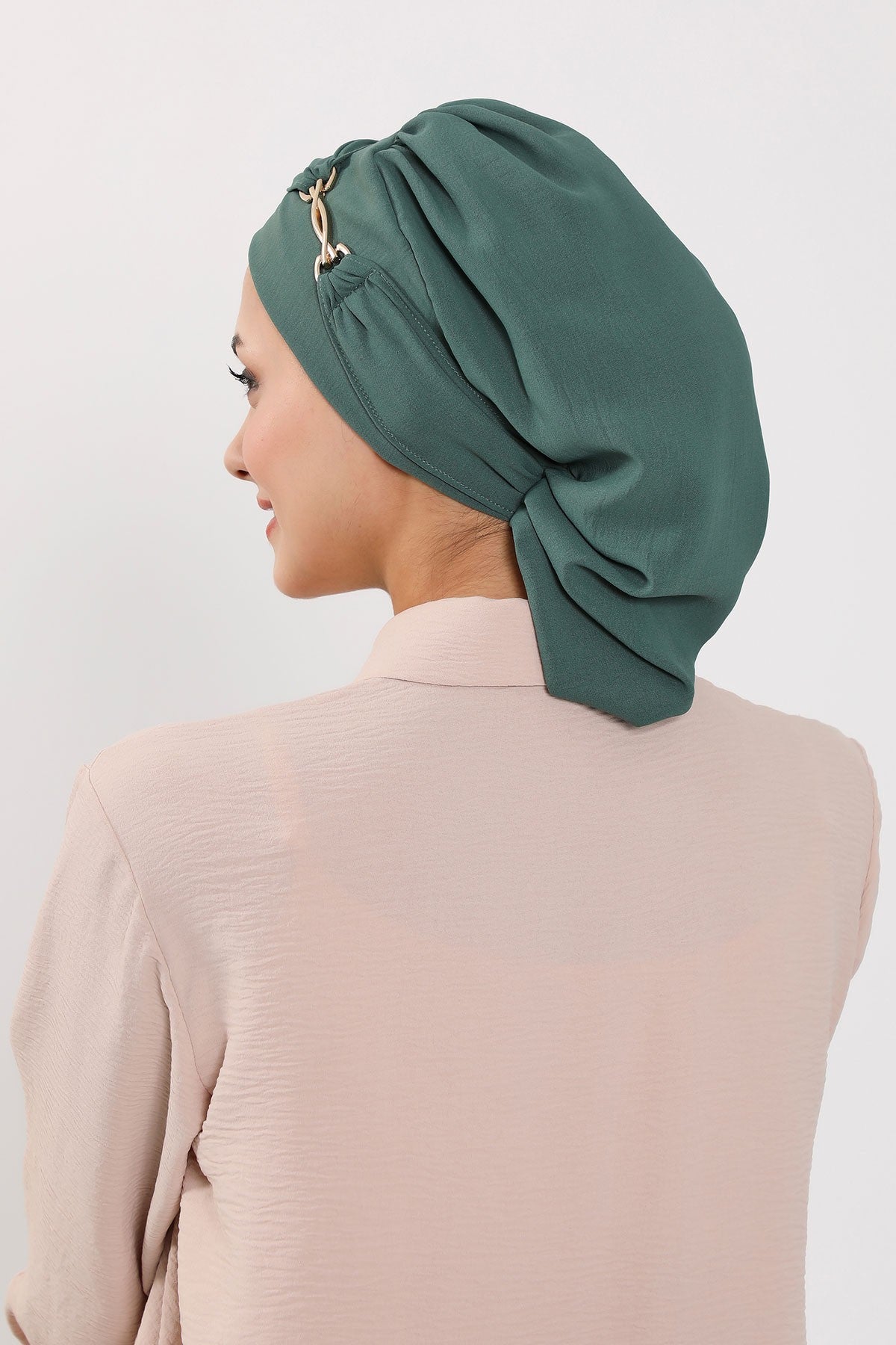 Instant Aerobin Turban with Gold Chain Detail, Pre-Tied Cotton Blend Hijab Cap, Elegant Modest Headwrap for Women,HT-93 Light Green
