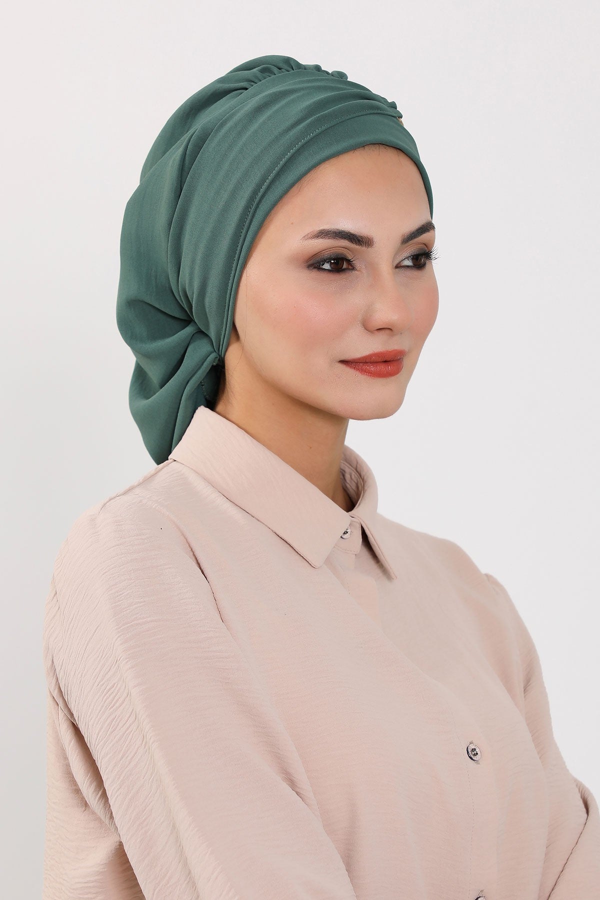 Instant Aerobin Turban with Gold Chain Detail, Pre-Tied Cotton Blend Hijab Cap, Elegant Modest Headwrap for Women,HT-93 Light Green