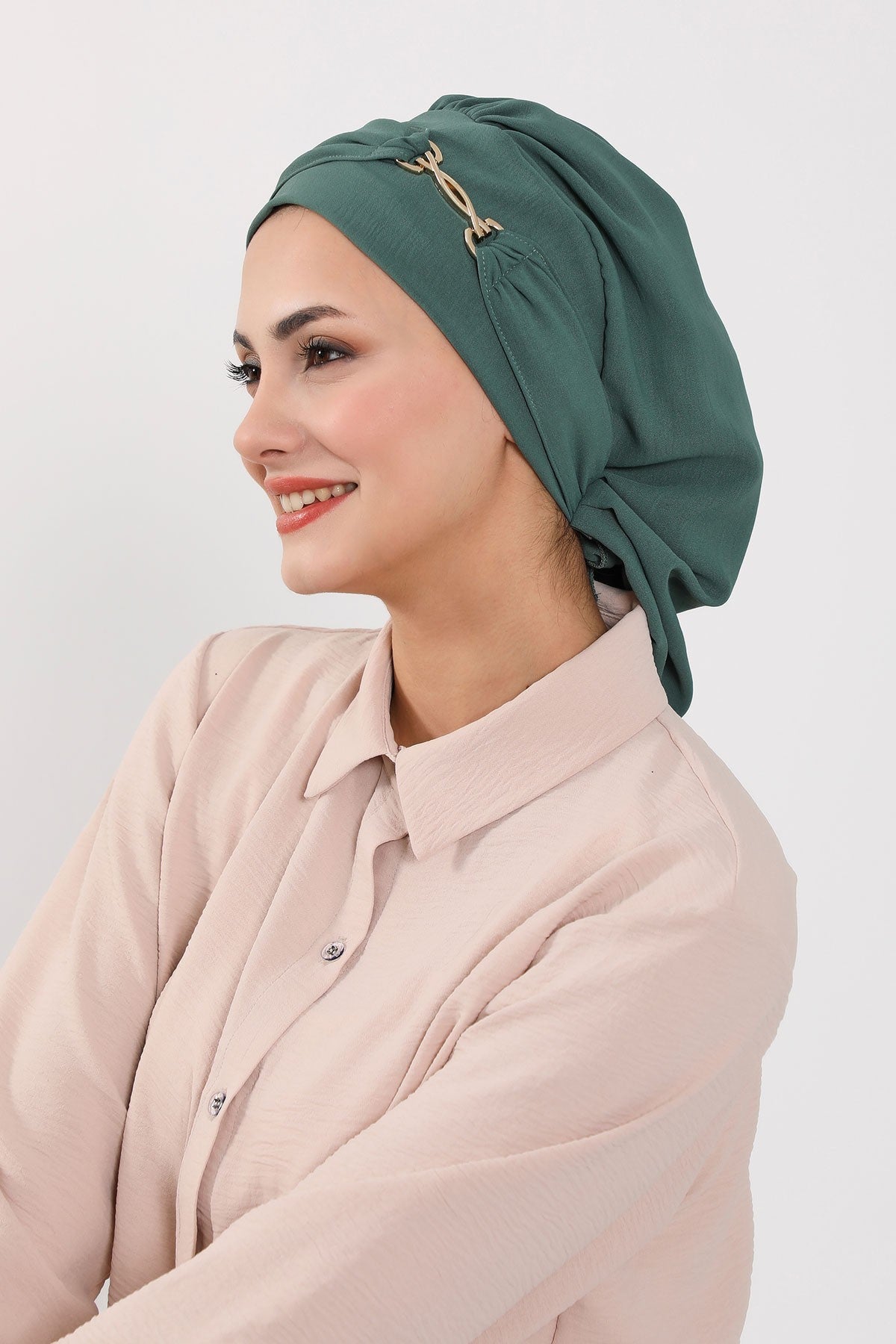 Instant Aerobin Turban with Gold Chain Detail, Pre-Tied Cotton Blend Hijab Cap, Elegant Modest Headwrap for Women,HT-93 Light Green