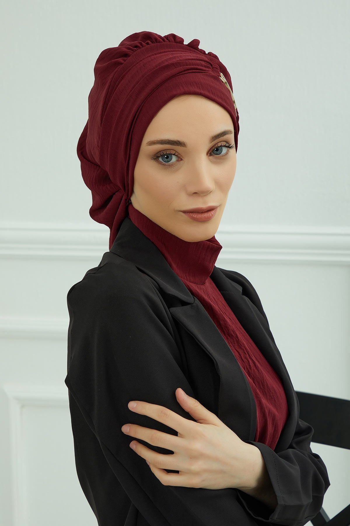 Instant Aerobin Turban with Gold Chain Detail, Pre-Tied Cotton Blend Hijab Cap, Elegant Modest Headwrap for Women,HT-93 Maroon