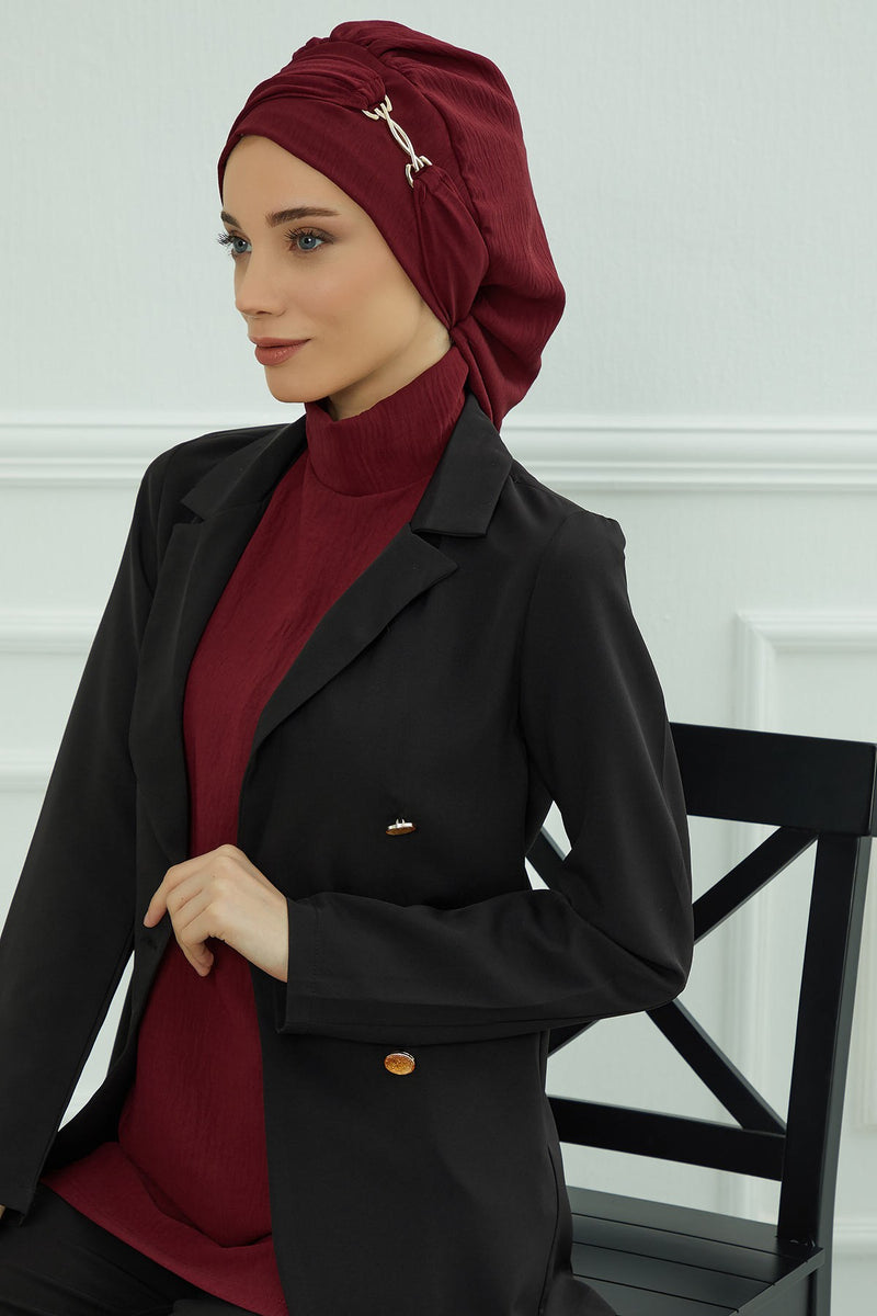 Instant Aerobin Turban with Gold Chain Detail, Pre-Tied Cotton Blend Hijab Cap, Elegant Modest Headwrap for Women,HT-93