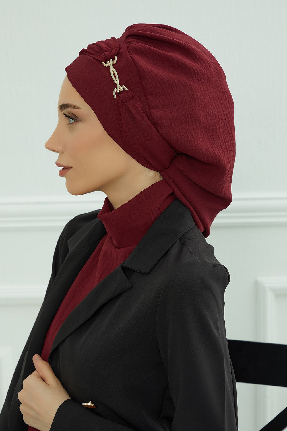 Instant Aerobin Turban with Gold Chain Detail, Pre-Tied Cotton Blend Hijab Cap, Elegant Modest Headwrap for Women,HT-93 Maroon