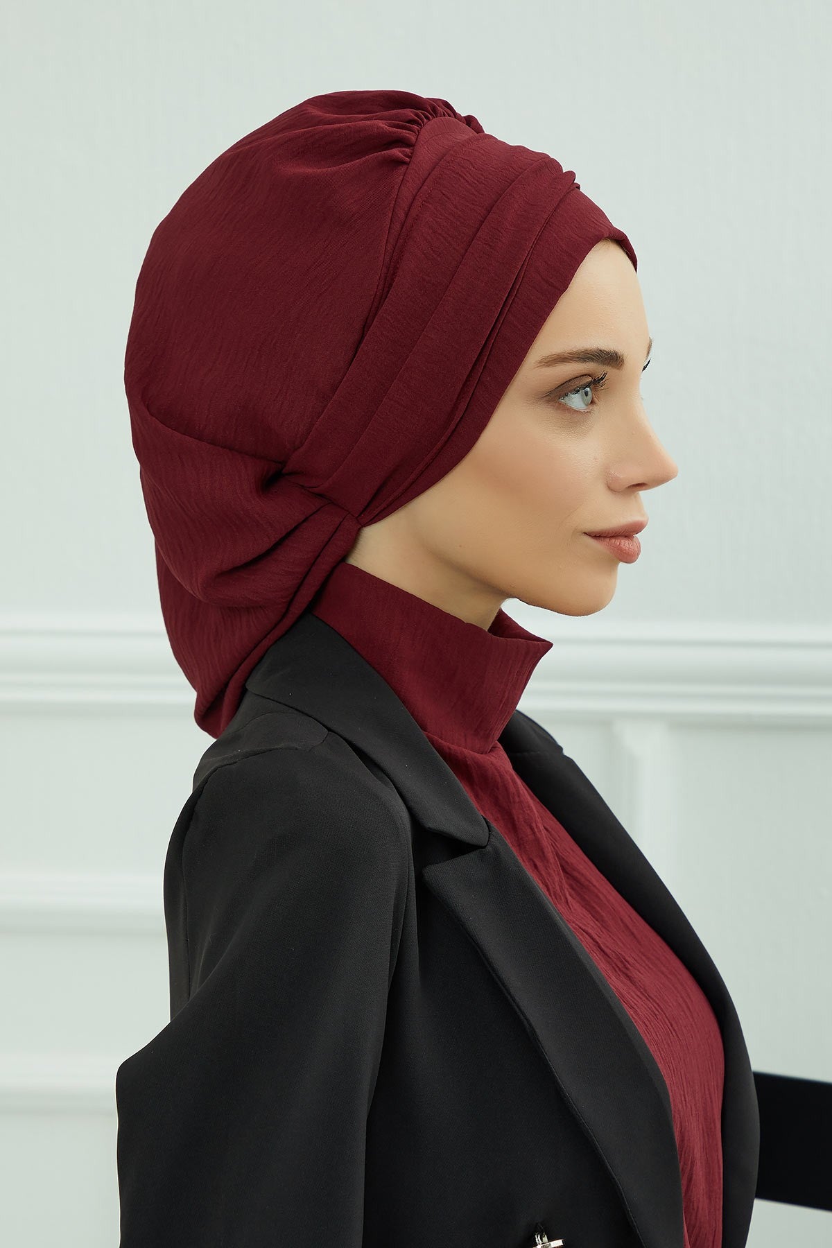 Instant Aerobin Turban with Gold Chain Detail, Pre-Tied Cotton Blend Hijab Cap, Elegant Modest Headwrap for Women,HT-93 Maroon