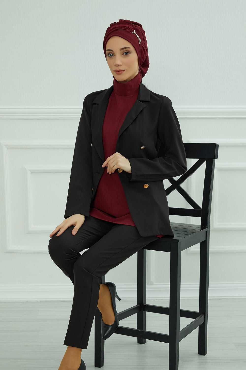Instant Aerobin Turban with Gold Chain Detail, Pre-Tied Cotton Blend Hijab Cap, Elegant Modest Headwrap for Women,HT-93 Maroon