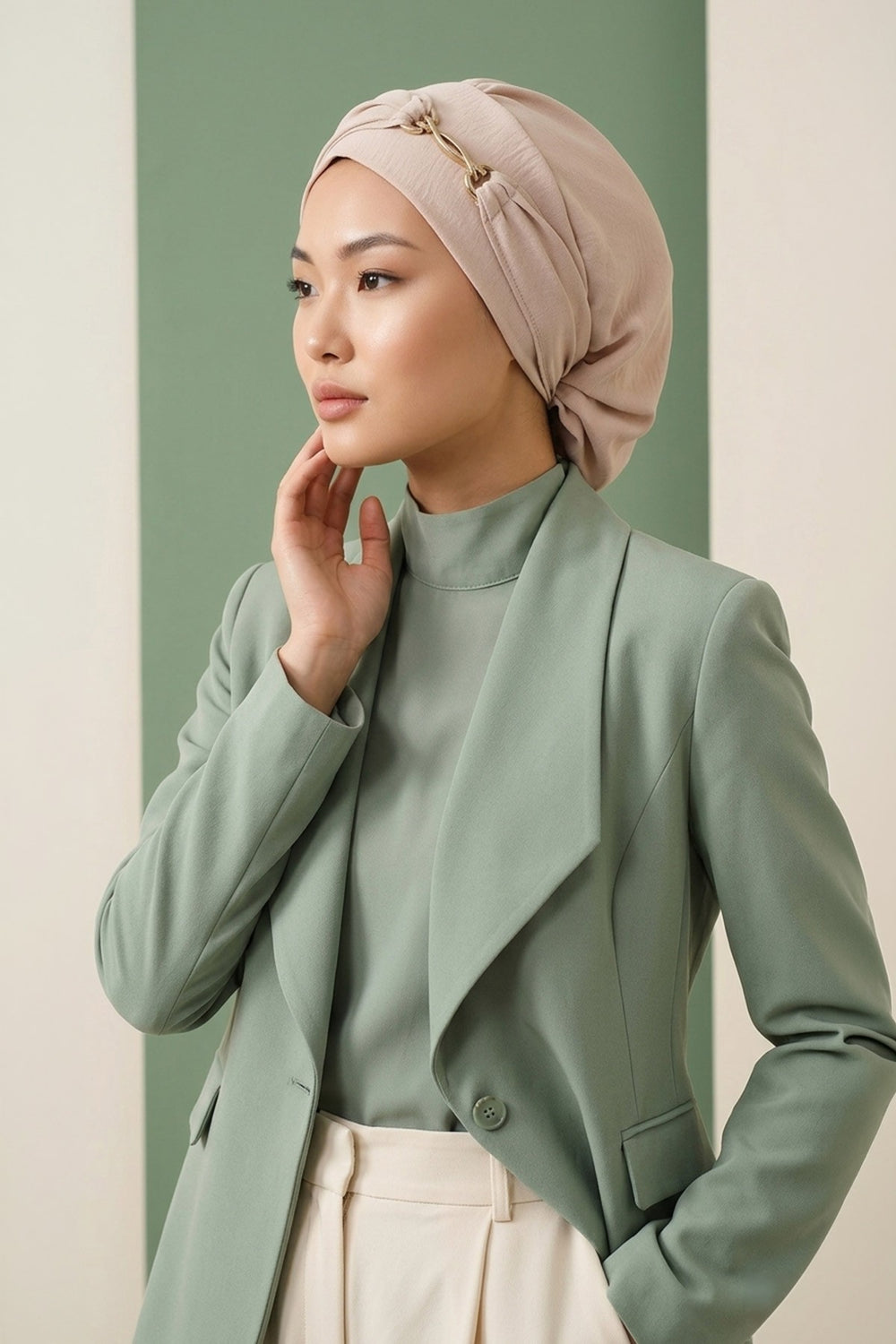 Instant Aerobin Turban with Gold Chain Detail, Pre-Tied Cotton Blend Hijab Cap, Elegant Modest Headwrap for Women,HT-93 Stone