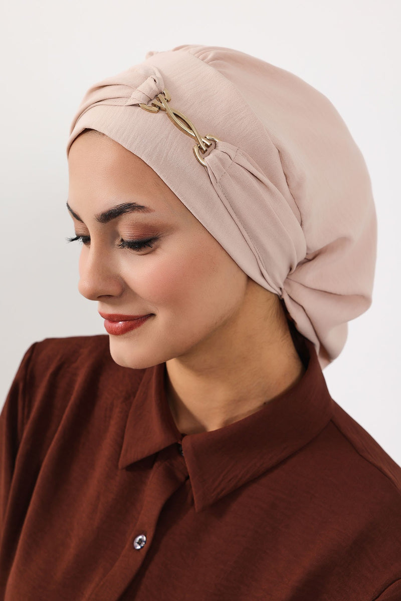 Instant Aerobin Turban with Gold Chain Detail, Pre-Tied Cotton Blend Hijab Cap, Elegant Modest Headwrap for Women,HT-93