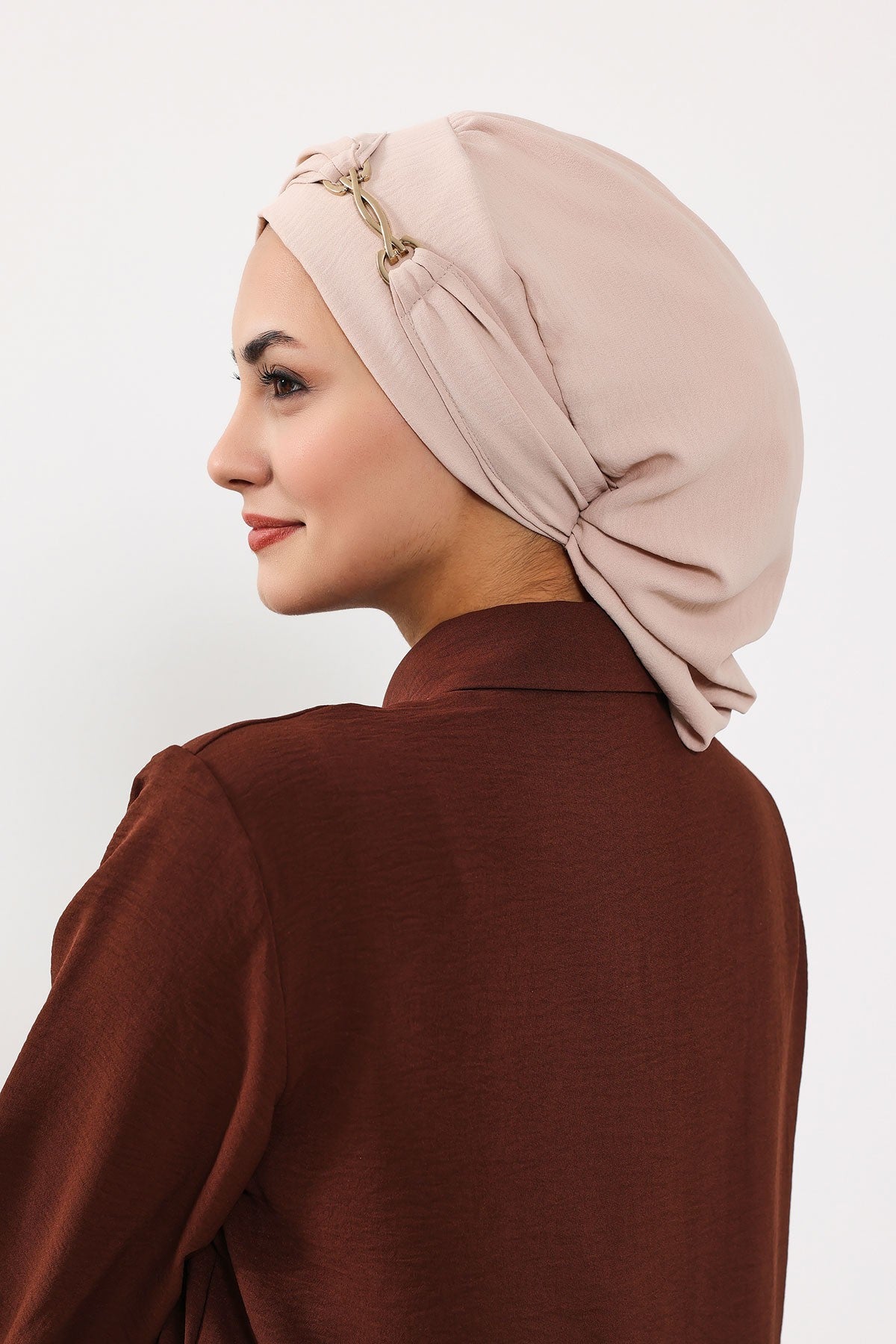 Instant Aerobin Turban with Gold Chain Detail, Pre-Tied Cotton Blend Hijab Cap, Elegant Modest Headwrap for Women,HT-93 Stone