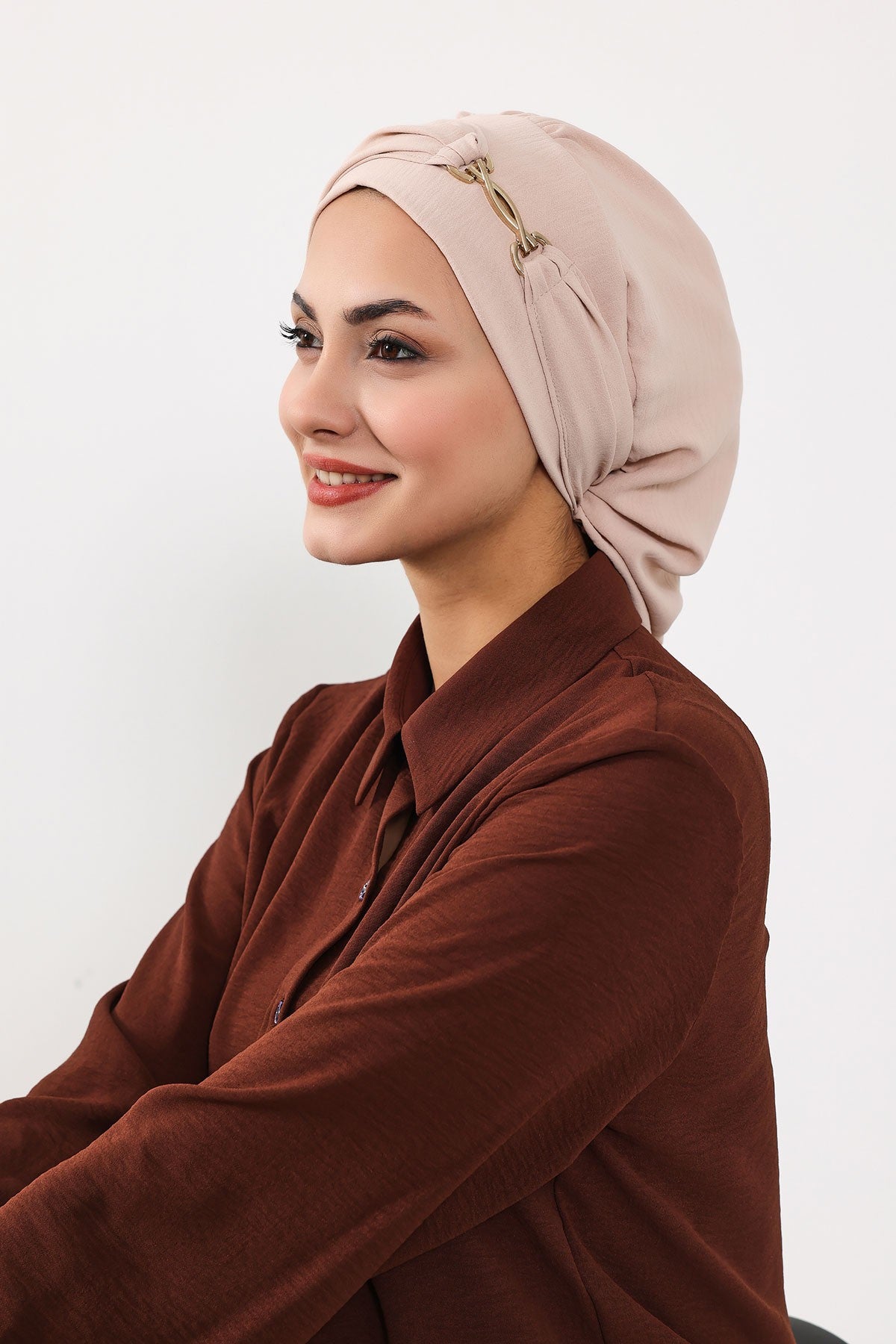Instant Aerobin Turban with Gold Chain Detail, Pre-Tied Cotton Blend Hijab Cap, Elegant Modest Headwrap for Women,HT-93 Stone