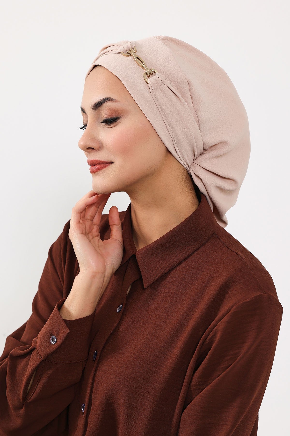 Instant Aerobin Turban with Gold Chain Detail, Pre-Tied Cotton Blend Hijab Cap, Elegant Modest Headwrap for Women,HT-93 Stone