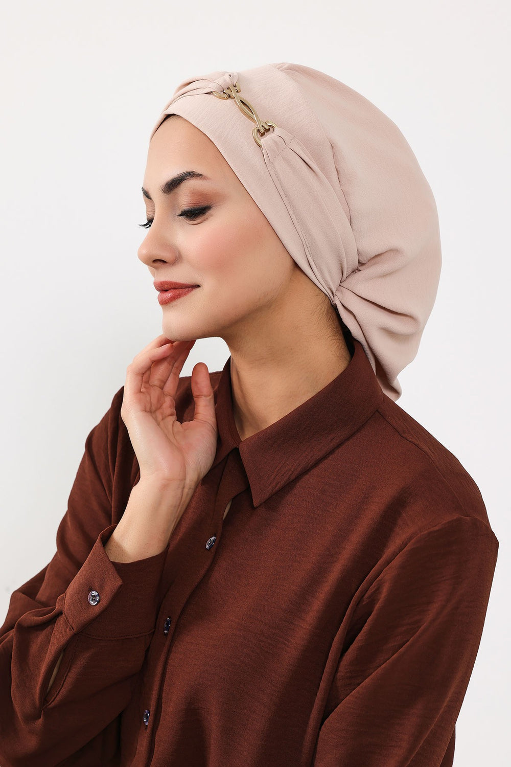 Instant Aerobin Turban with Gold Chain Detail, Pre-Tied Cotton Blend Hijab Cap, Elegant Modest Headwrap for Women,HT-93 Stone