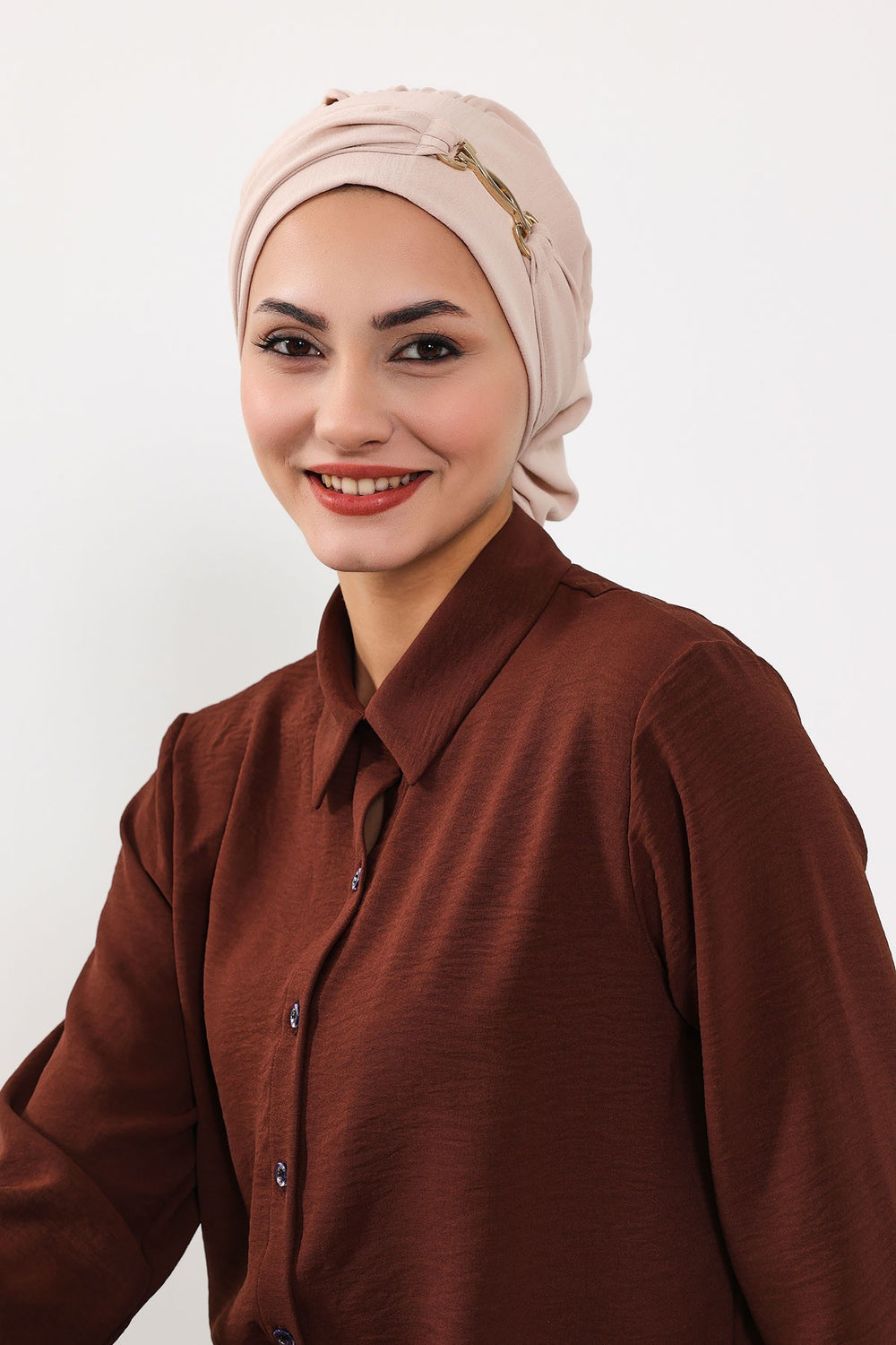 Instant Aerobin Turban with Gold Chain Detail, Pre-Tied Cotton Blend Hijab Cap, Elegant Modest Headwrap for Women,HT-93 Stone