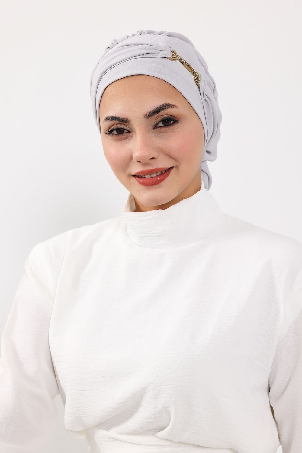 Instant Aerobin Turban with Gold Chain Detail, Pre-Tied Cotton Blend Hijab Cap, Elegant Modest Headwrap for Women,HT-93 Light Grey