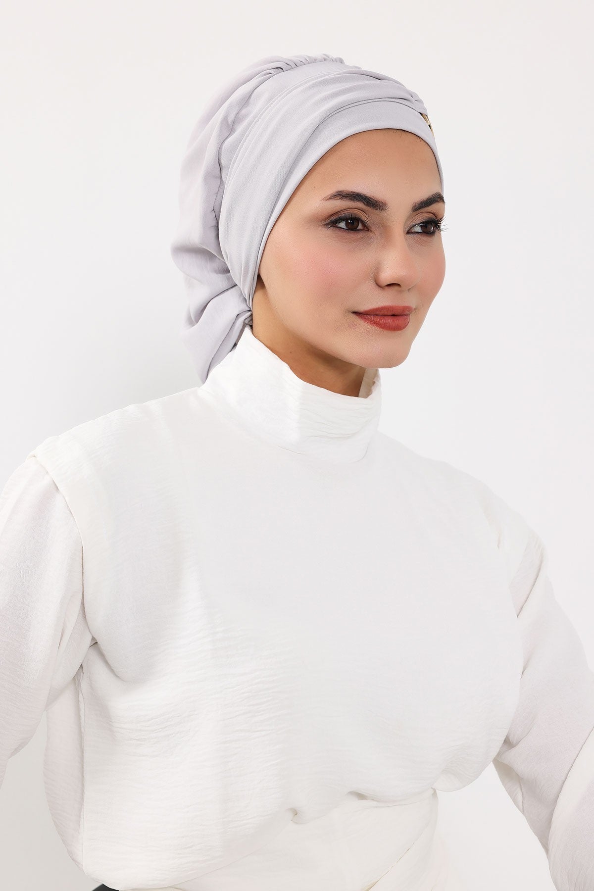 Instant Aerobin Turban with Gold Chain Detail, Pre-Tied Cotton Blend Hijab Cap, Elegant Modest Headwrap for Women,HT-93 Light Grey
