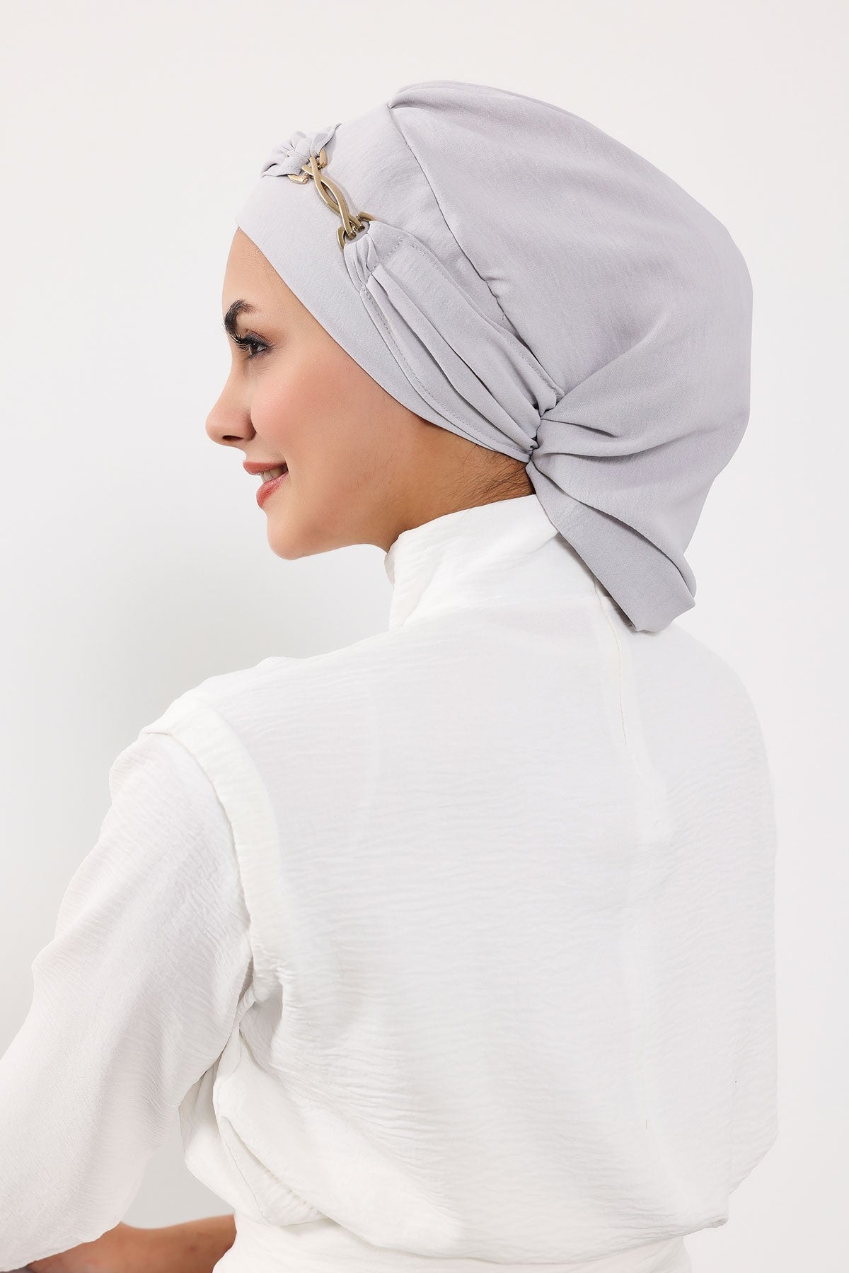 Instant Aerobin Turban with Gold Chain Detail, Pre-Tied Cotton Blend Hijab Cap, Elegant Modest Headwrap for Women,HT-93 Light Grey
