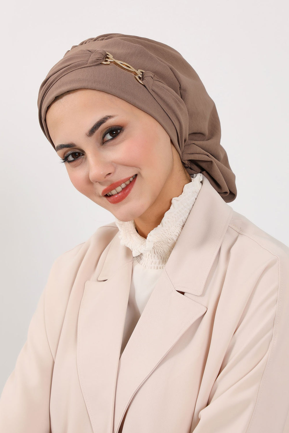 Instant Aerobin Turban with Gold Chain Detail, Pre-Tied Cotton Blend Hijab Cap, Elegant Modest Headwrap for Women,HT-93 Chocolate