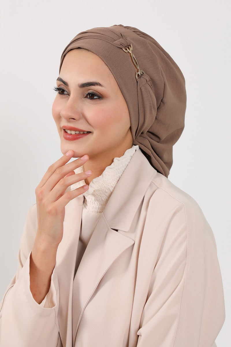 Instant Aerobin Turban with Gold Chain Detail, Pre-Tied Cotton Blend Hijab Cap, Elegant Modest Headwrap for Women,HT-93