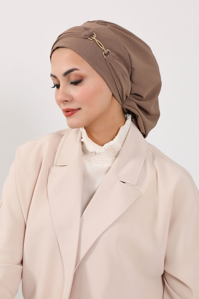 Instant Aerobin Turban with Gold Chain Detail, Pre-Tied Cotton Blend Hijab Cap, Elegant Modest Headwrap for Women,HT-93
