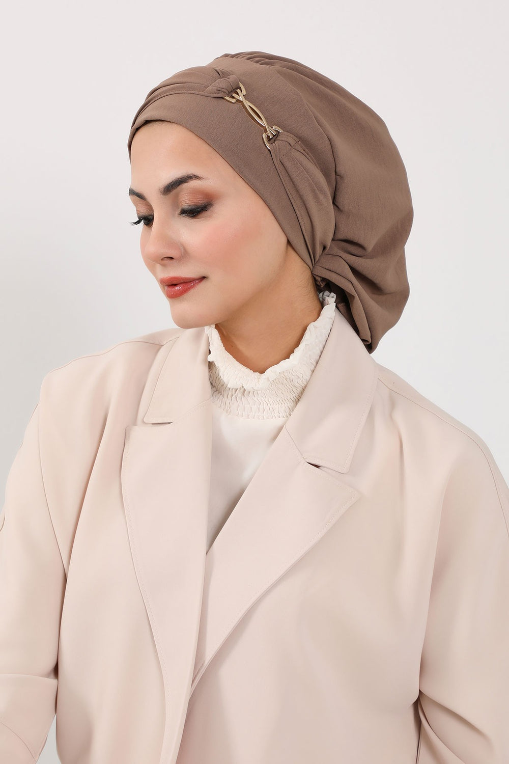 Instant Aerobin Turban with Gold Chain Detail, Pre-Tied Cotton Blend Hijab Cap, Elegant Modest Headwrap for Women,HT-93 Chocolate