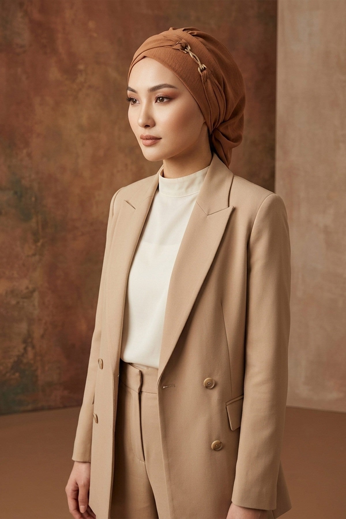 Instant Aerobin Turban with Gold Chain Detail, Pre-Tied Cotton Blend Hijab Cap, Elegant Modest Headwrap for Women,HT-93 Camel