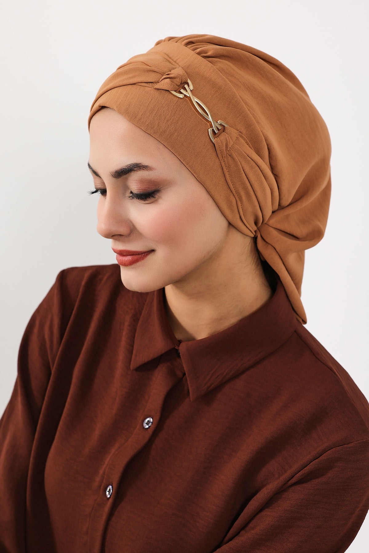 Instant Aerobin Turban with Gold Chain Detail, Pre-Tied Cotton Blend Hijab Cap, Elegant Modest Headwrap for Women,HT-93 Camel