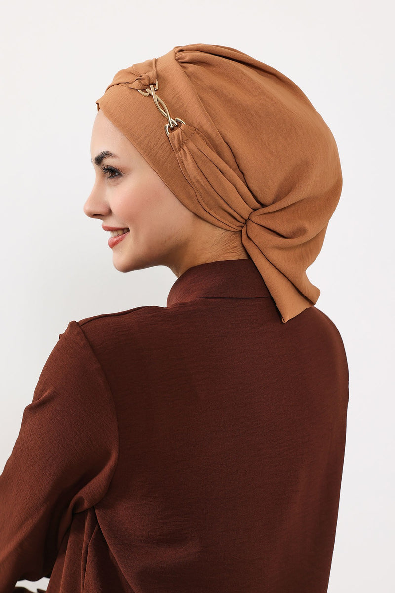Instant Aerobin Turban with Gold Chain Detail, Pre-Tied Cotton Blend Hijab Cap, Elegant Modest Headwrap for Women,HT-93