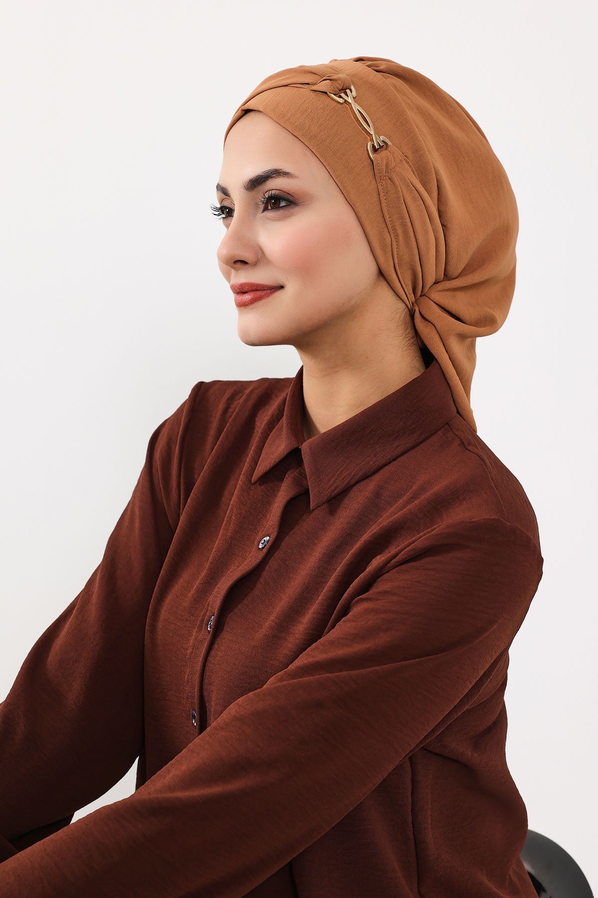 Instant Aerobin Turban with Gold Chain Detail, Pre-Tied Cotton Blend Hijab Cap, Elegant Modest Headwrap for Women,HT-93 Camel