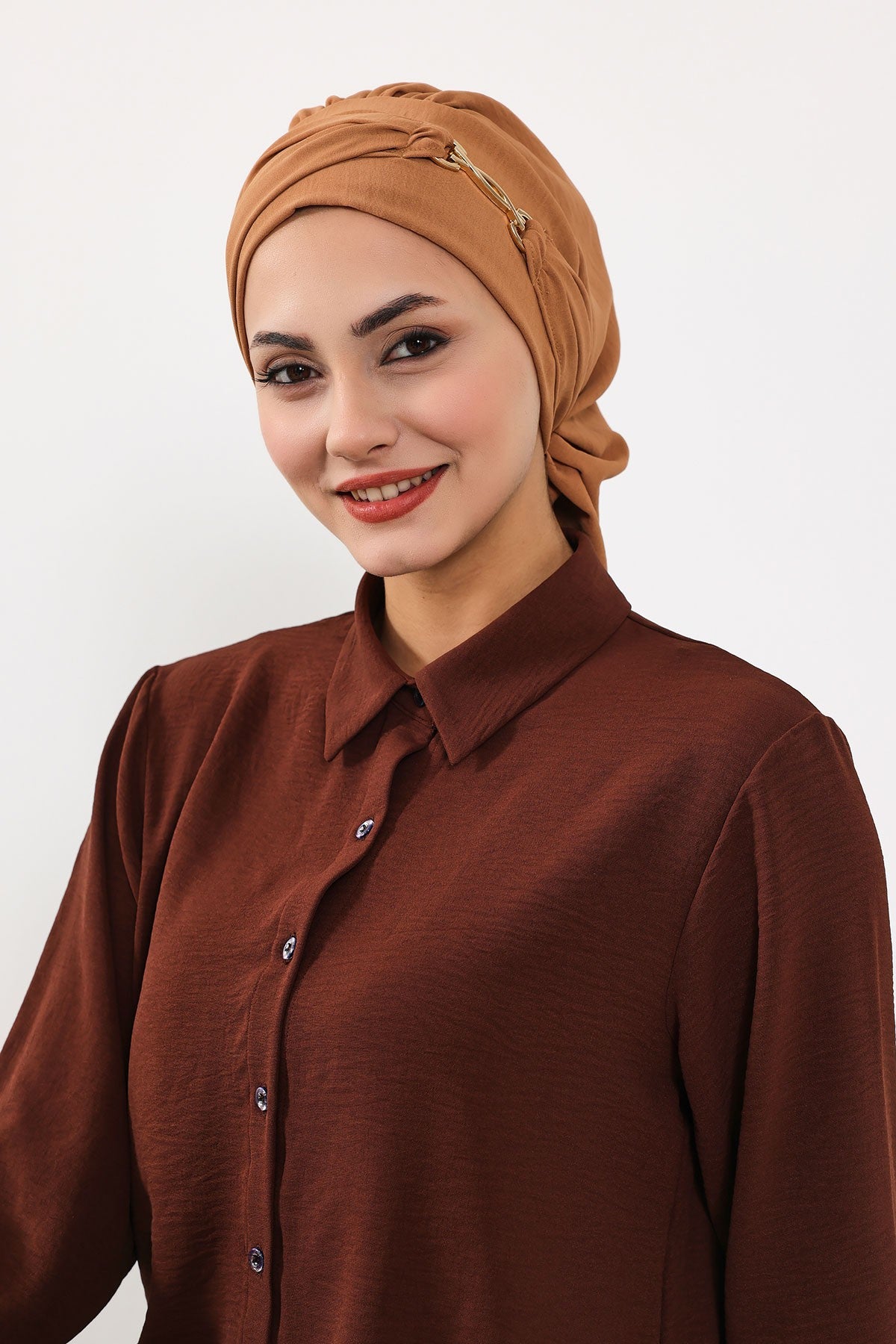 Instant Aerobin Turban with Gold Chain Detail, Pre-Tied Cotton Blend Hijab Cap, Elegant Modest Headwrap for Women,HT-93 Camel