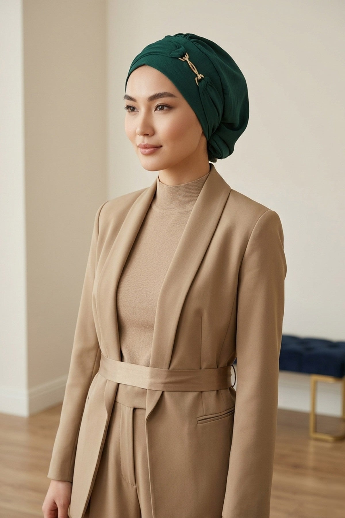 Instant Aerobin Turban with Gold Chain Detail, Pre-Tied Cotton Blend Hijab Cap, Elegant Modest Headwrap for Women,HT-93 Dark Green