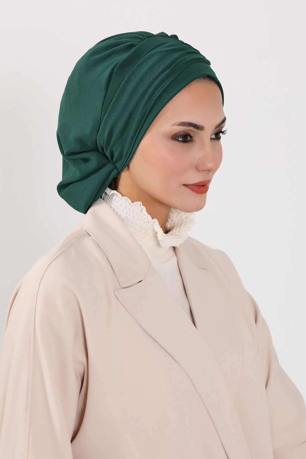 Instant Aerobin Turban with Gold Chain Detail, Pre-Tied Cotton Blend Hijab Cap, Elegant Modest Headwrap for Women,HT-93 Dark Green