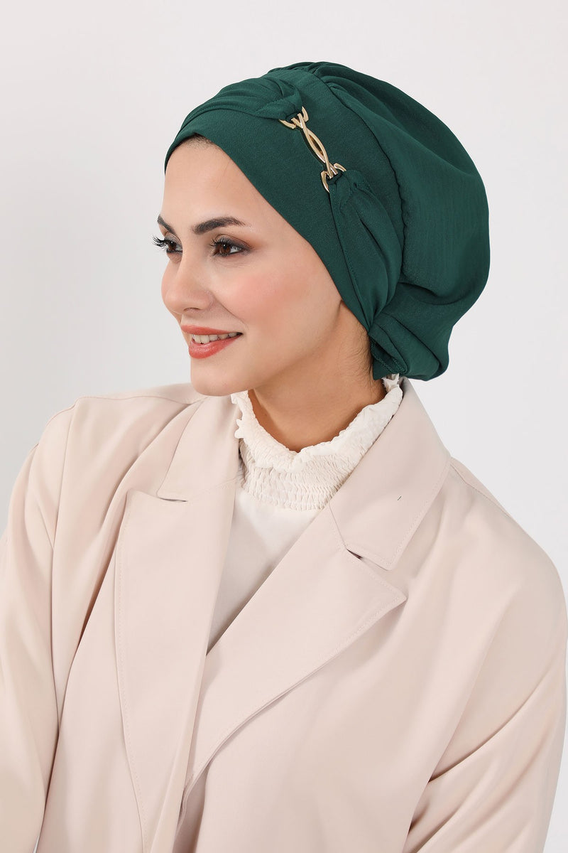 Instant Aerobin Turban with Gold Chain Detail, Pre-Tied Cotton Blend Hijab Cap, Elegant Modest Headwrap for Women,HT-93