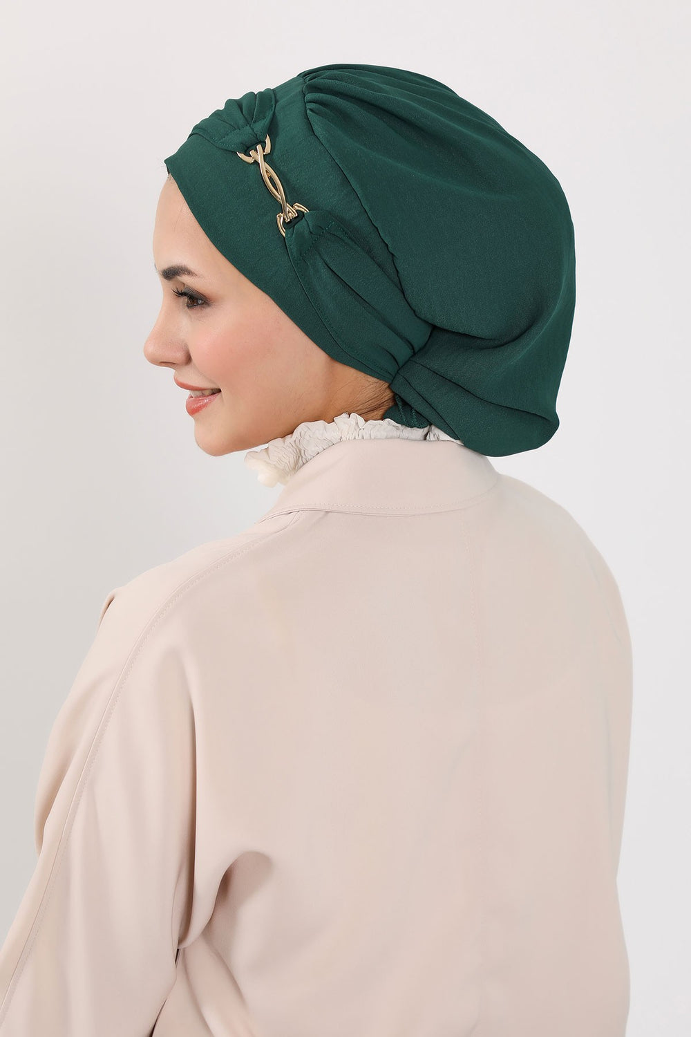 Instant Aerobin Turban with Gold Chain Detail, Pre-Tied Cotton Blend Hijab Cap, Elegant Modest Headwrap for Women,HT-93 Dark Green