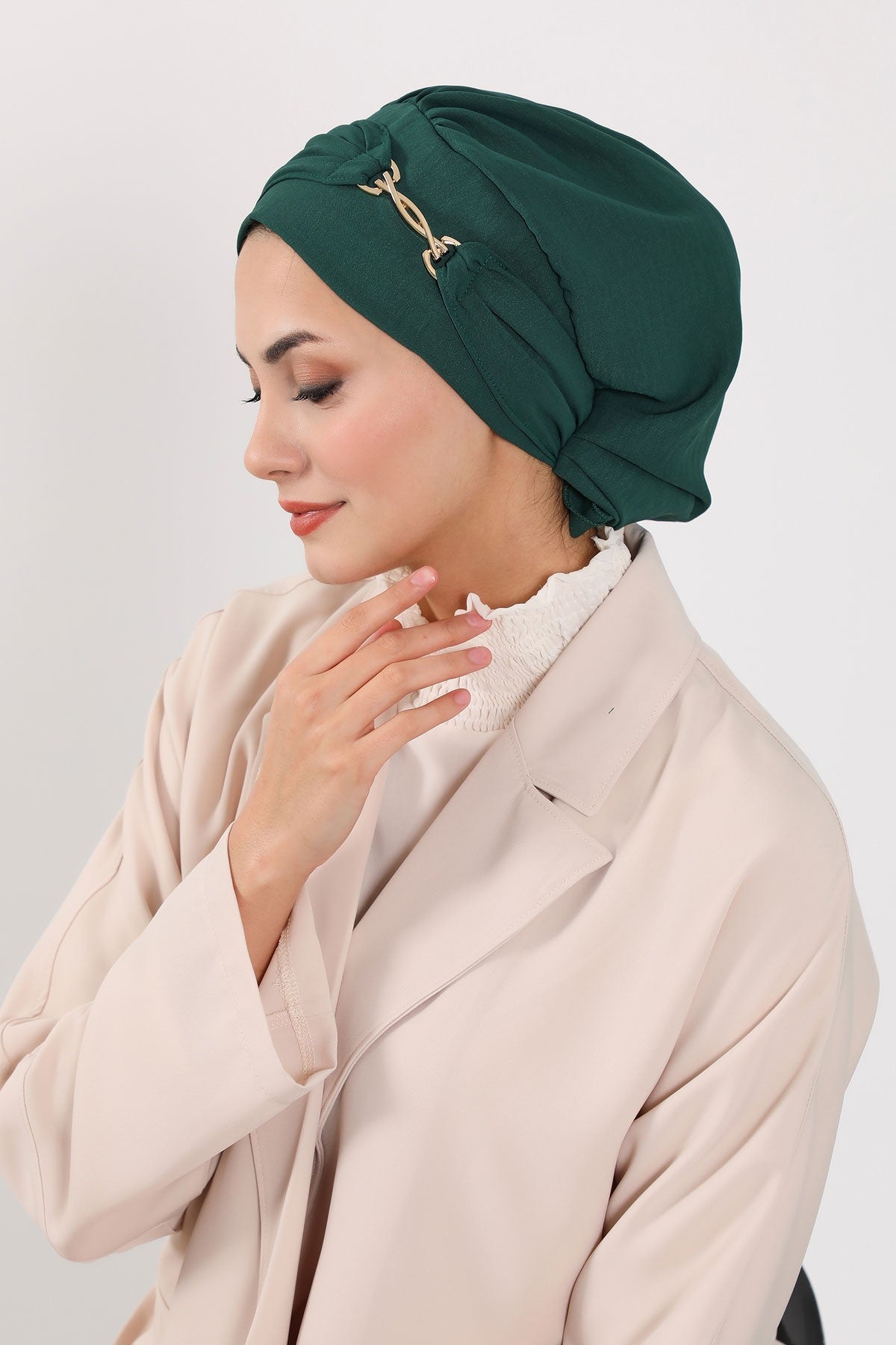 Instant Aerobin Turban with Gold Chain Detail, Pre-Tied Cotton Blend Hijab Cap, Elegant Modest Headwrap for Women,HT-93 Dark Green