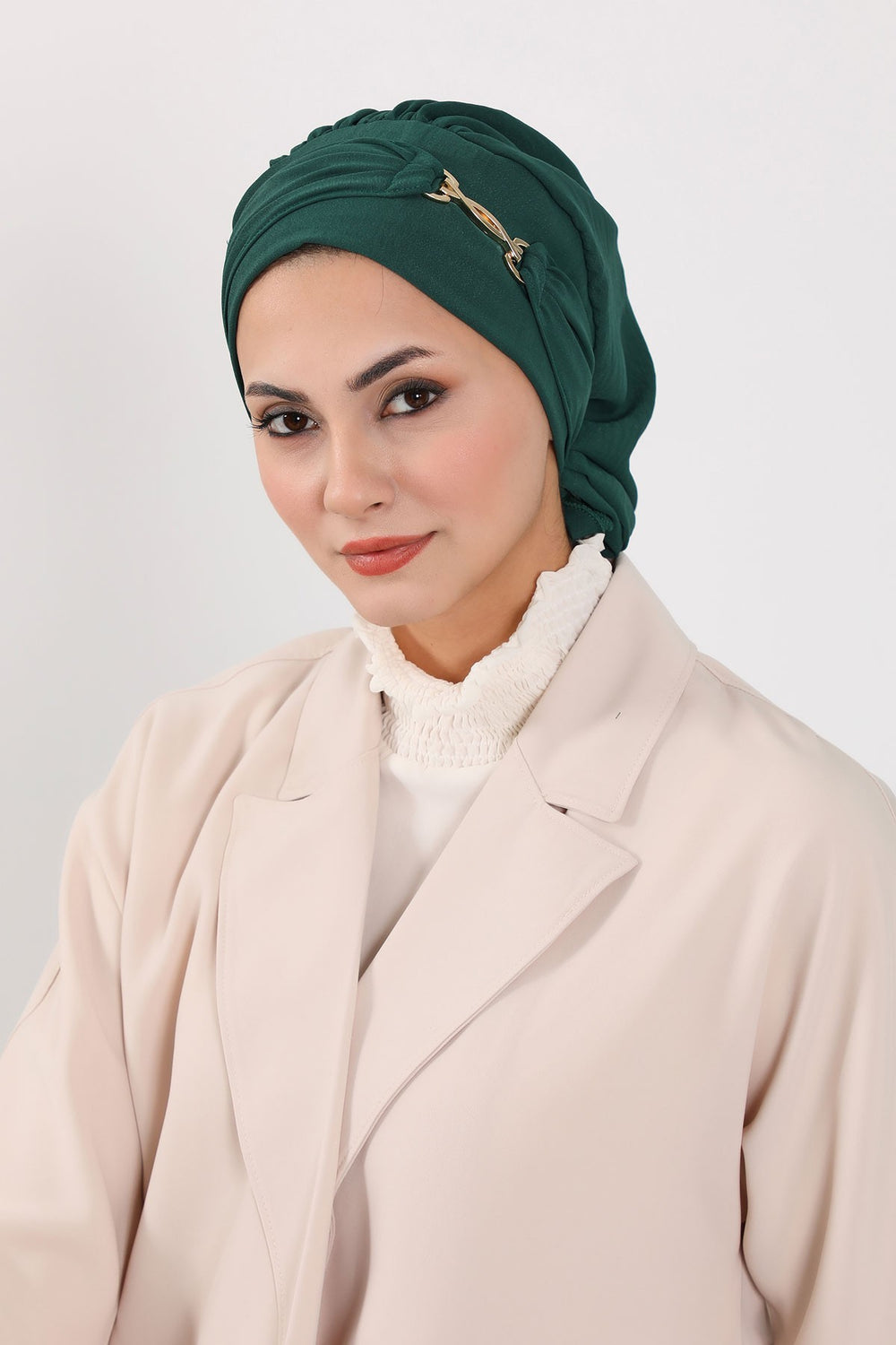 Instant Aerobin Turban with Gold Chain Detail, Pre-Tied Cotton Blend Hijab Cap, Elegant Modest Headwrap for Women,HT-93 Dark Green