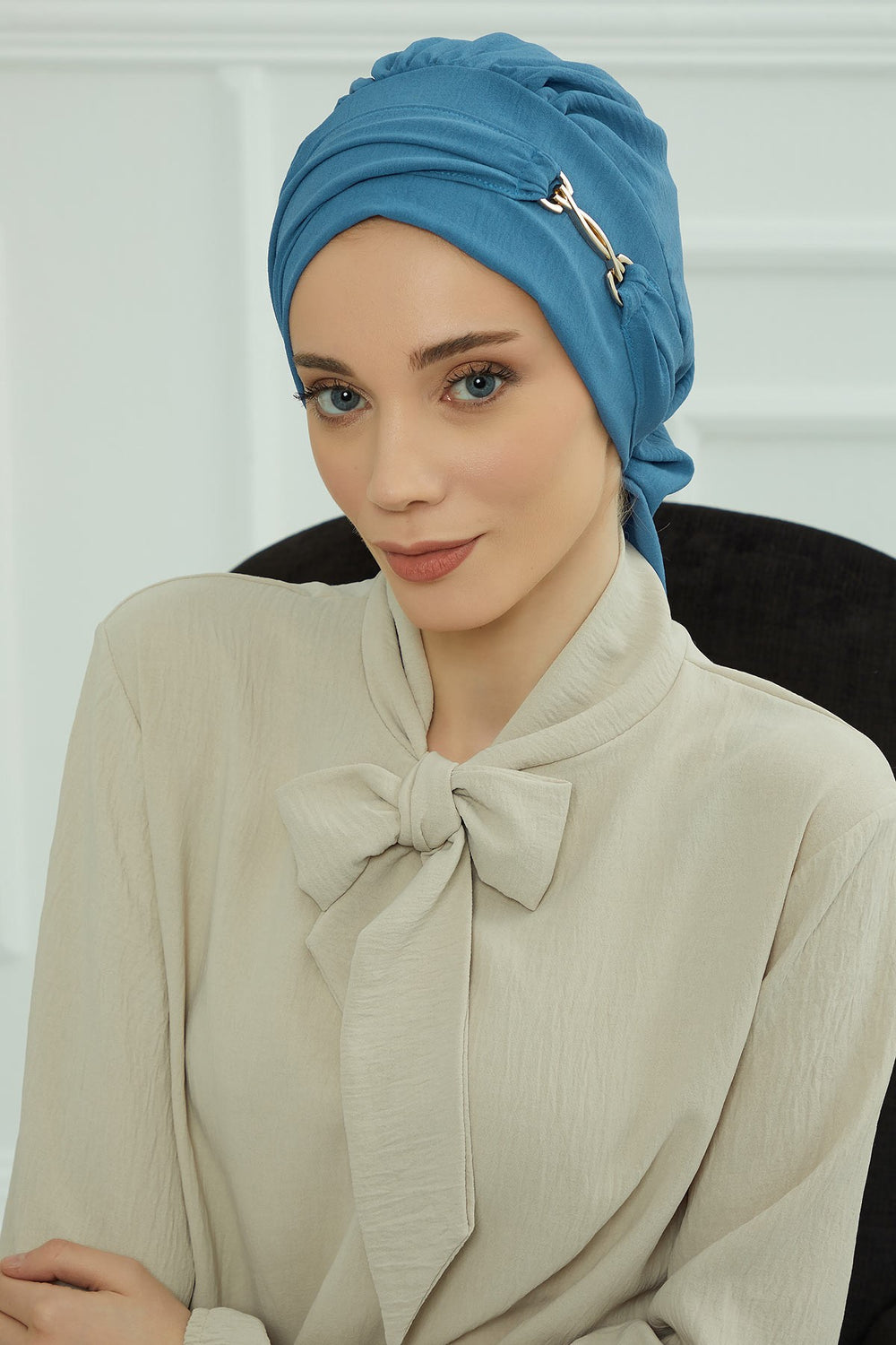 Instant Aerobin Turban with Gold Chain Detail, Pre-Tied Cotton Blend Hijab Cap, Elegant Modest Headwrap for Women,HT-93 İndigo