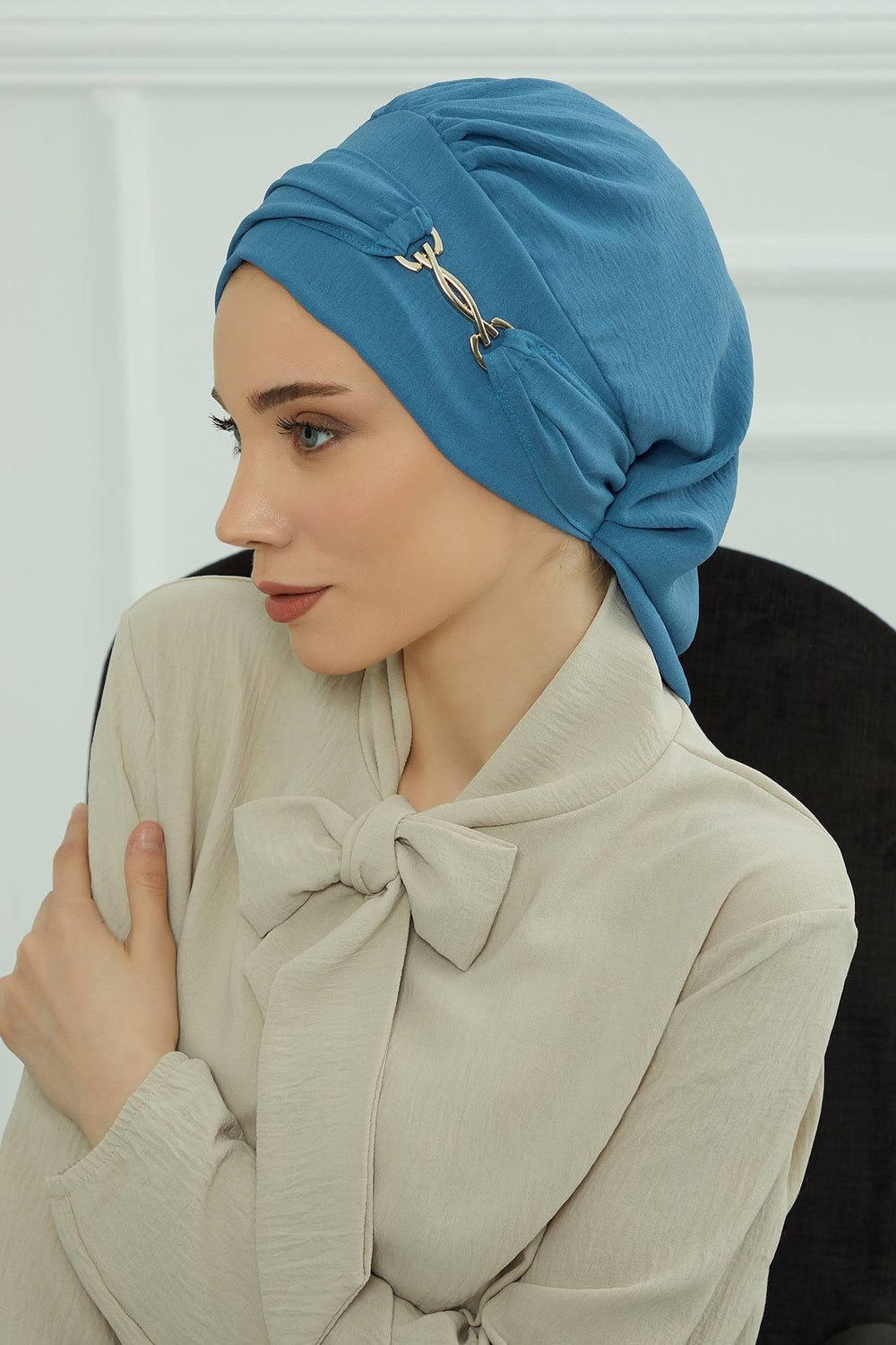 Instant Aerobin Turban with Gold Chain Detail, Pre-Tied Cotton Blend Hijab Cap, Elegant Modest Headwrap for Women,HT-93 İndigo