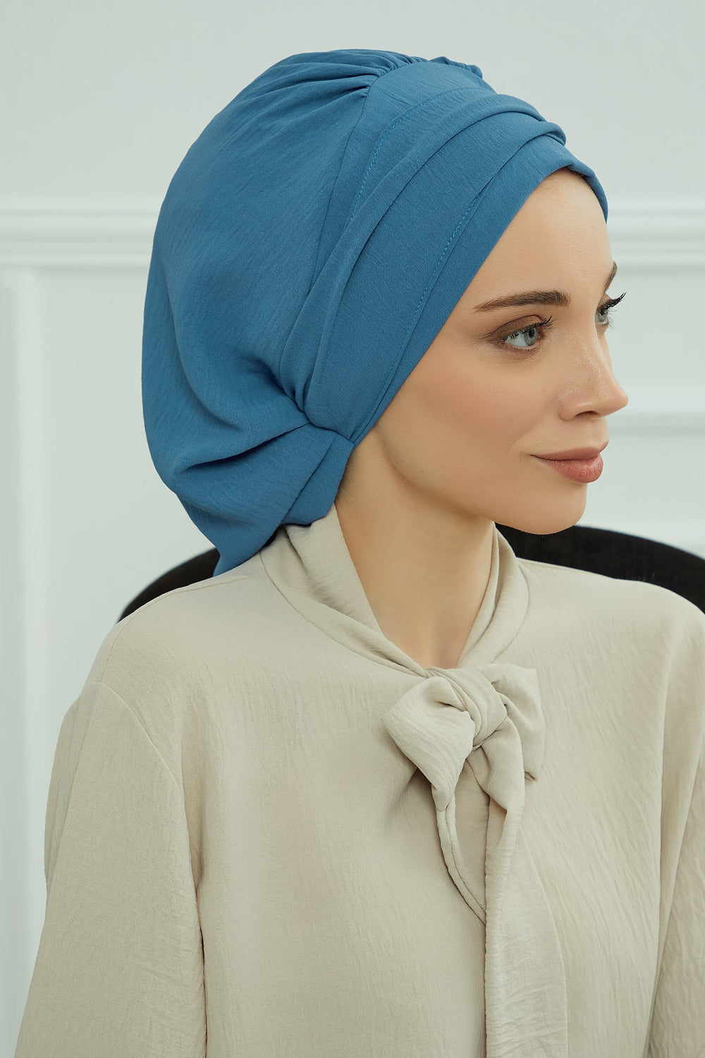 Instant Aerobin Turban with Gold Chain Detail, Pre-Tied Cotton Blend Hijab Cap, Elegant Modest Headwrap for Women,HT-93 İndigo
