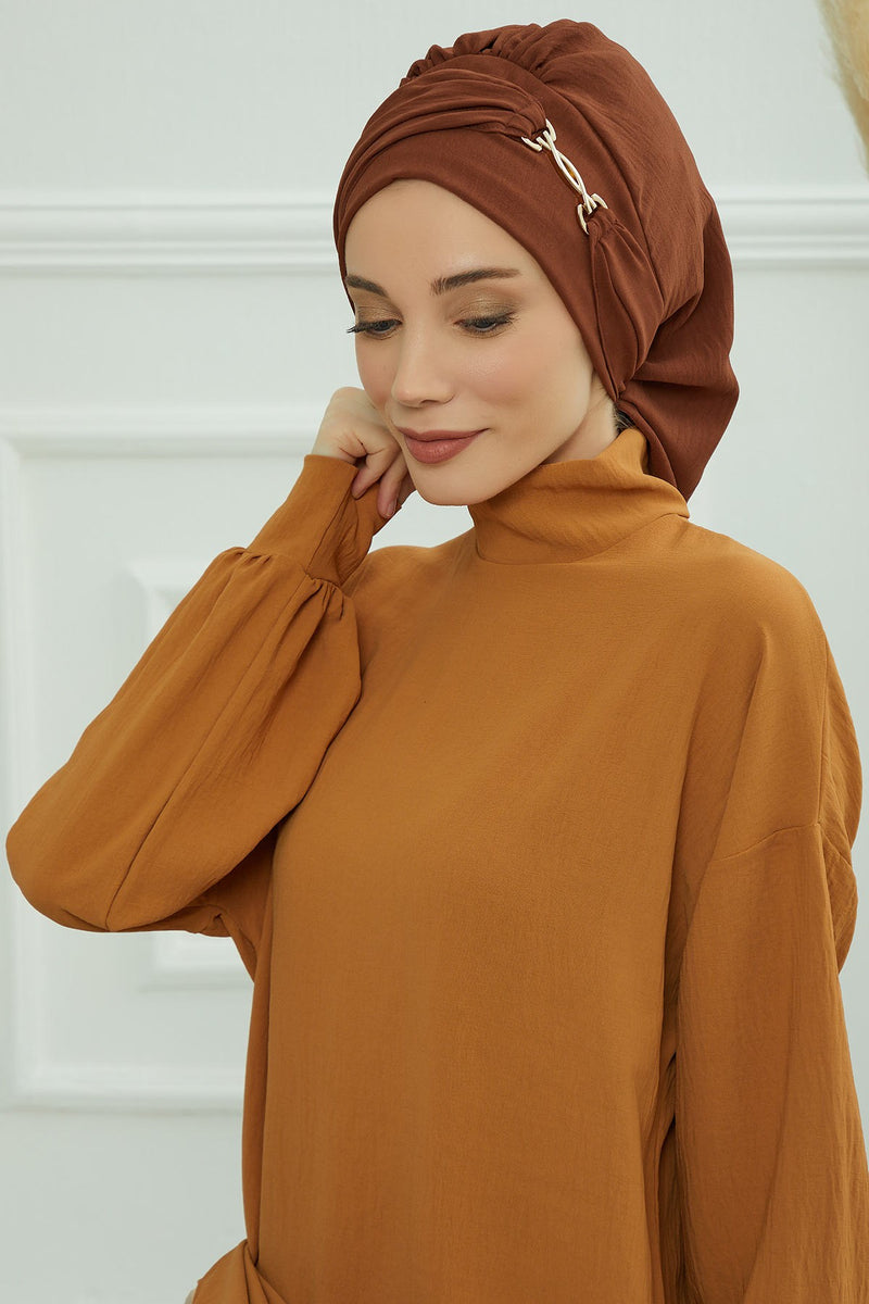 Instant Aerobin Turban with Gold Chain Detail, Pre-Tied Cotton Blend Hijab Cap, Elegant Modest Headwrap for Women,HT-93
