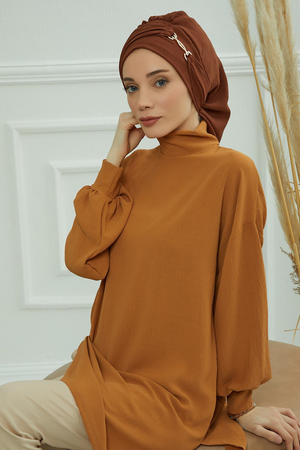 Instant Aerobin Turban with Gold Chain Detail, Pre-Tied Cotton Blend Hijab Cap, Elegant Modest Headwrap for Women,HT-93 Cinnamon