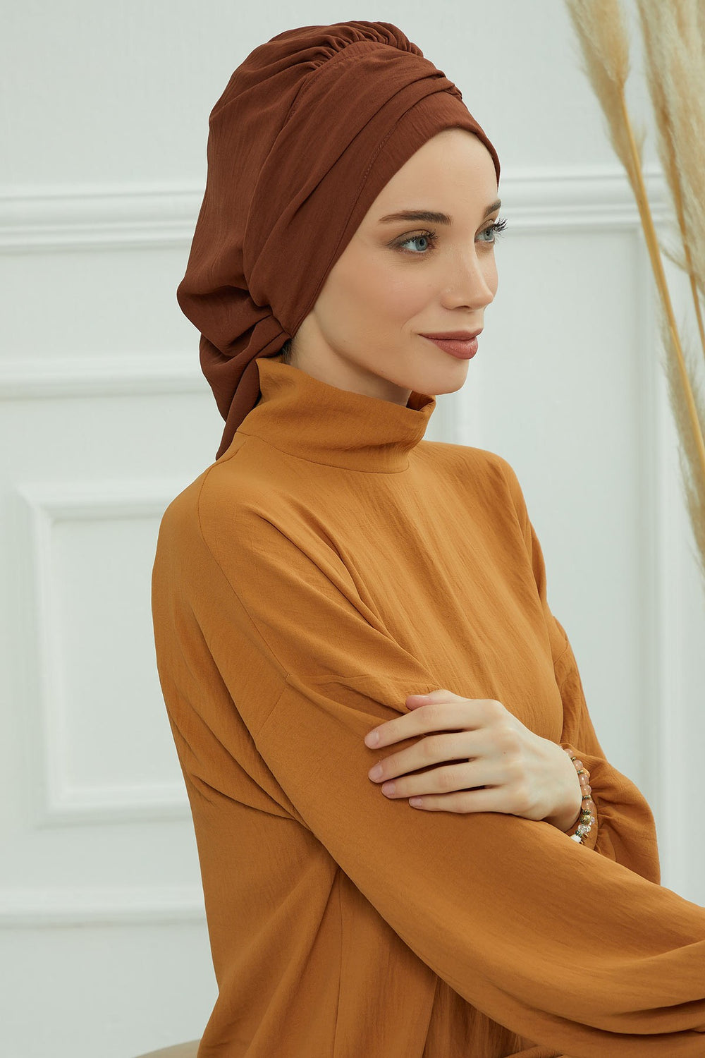 Instant Aerobin Turban with Gold Chain Detail, Pre-Tied Cotton Blend Hijab Cap, Elegant Modest Headwrap for Women,HT-93 Cinnamon