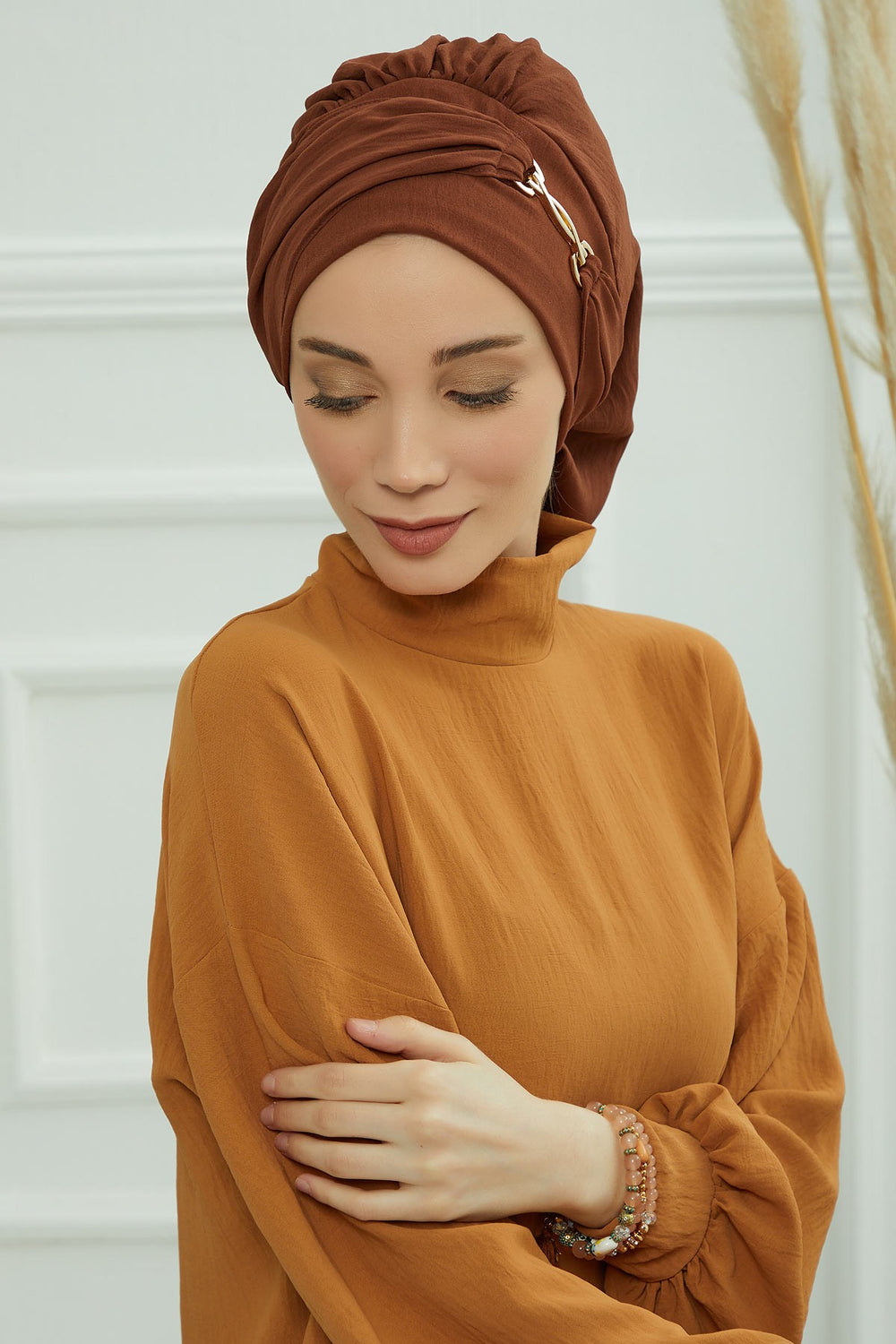 Instant Aerobin Turban with Gold Chain Detail, Pre-Tied Cotton Blend Hijab Cap, Elegant Modest Headwrap for Women,HT-93 Cinnamon