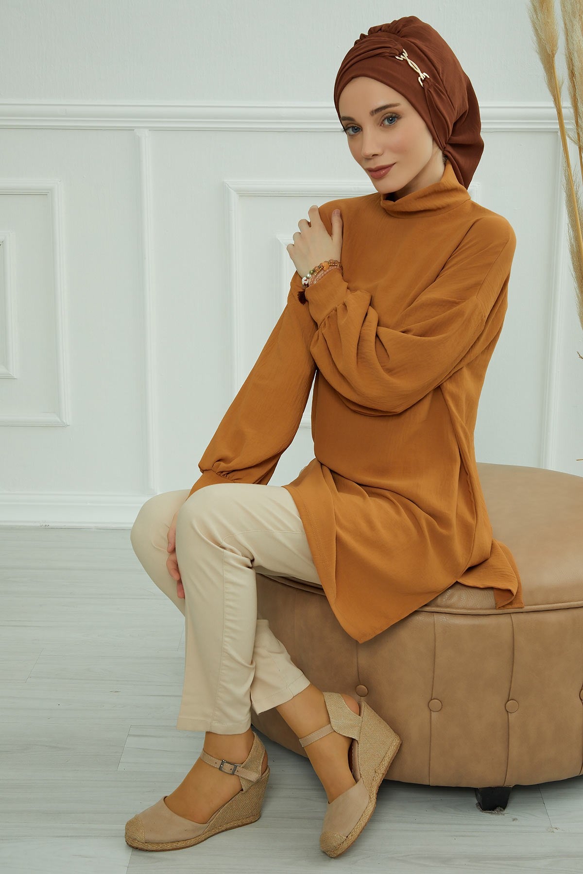 Instant Aerobin Turban with Gold Chain Detail, Pre-Tied Cotton Blend Hijab Cap, Elegant Modest Headwrap for Women,HT-93 Cinnamon